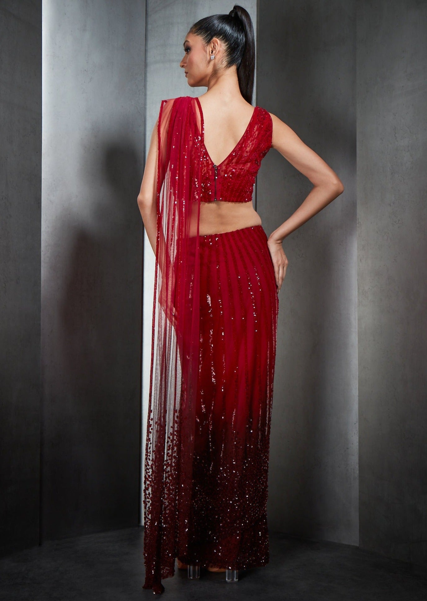 Red Ombre Stripe Embroidery Sari