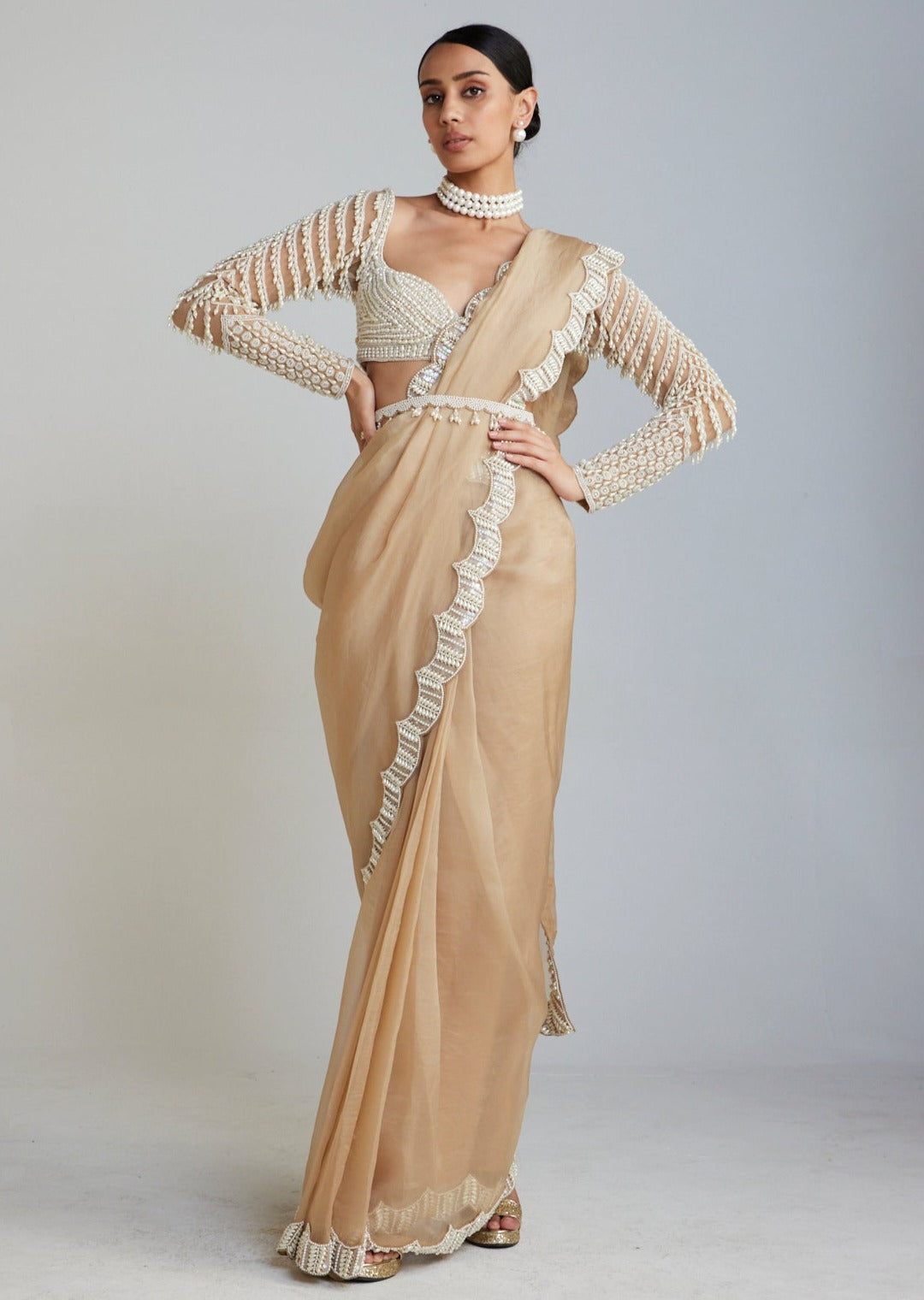 Beige Chandelier Drop Saree Set