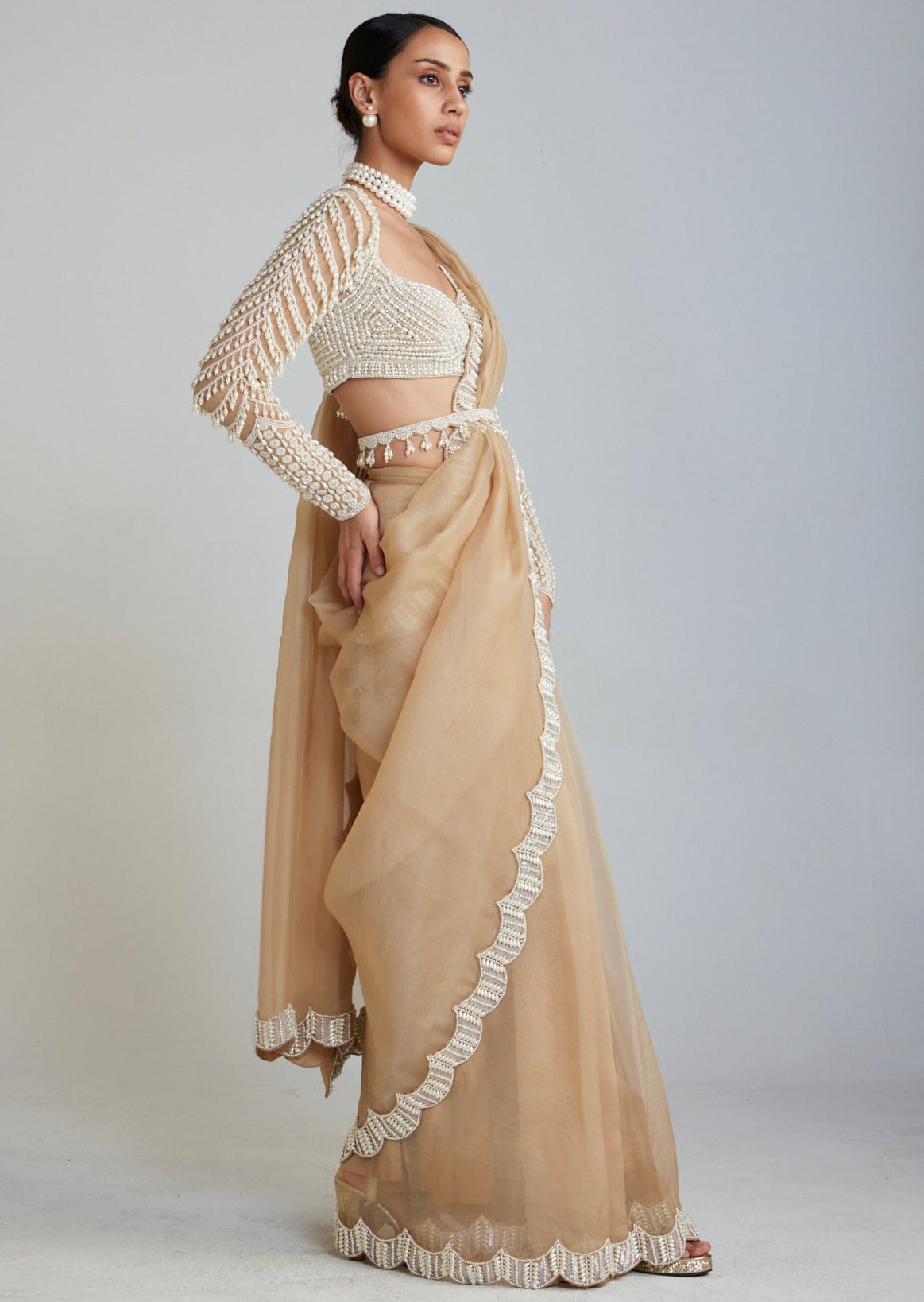 Beige Chandelier Drop Saree Set