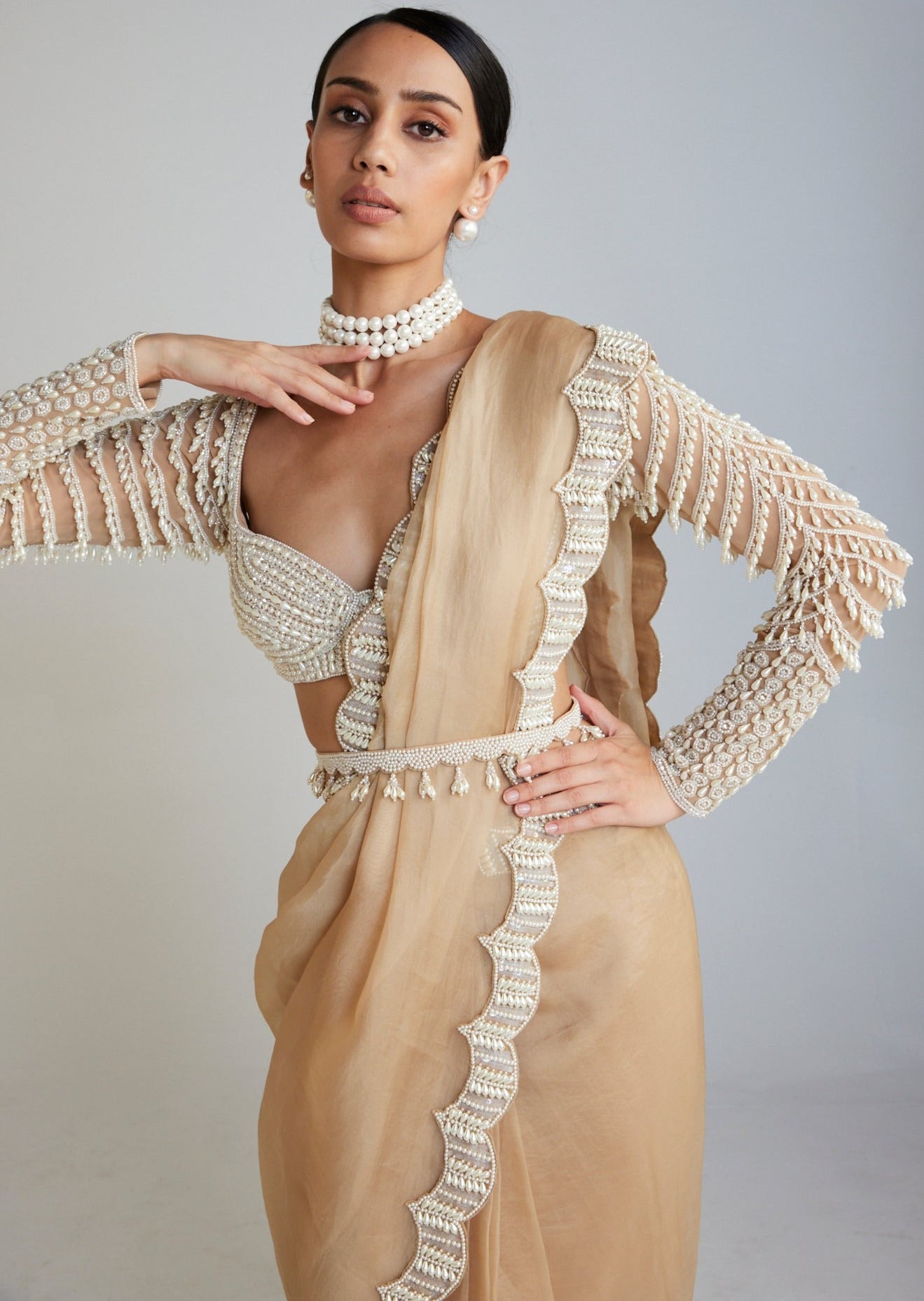 Beige Chandelier Drop Saree Set