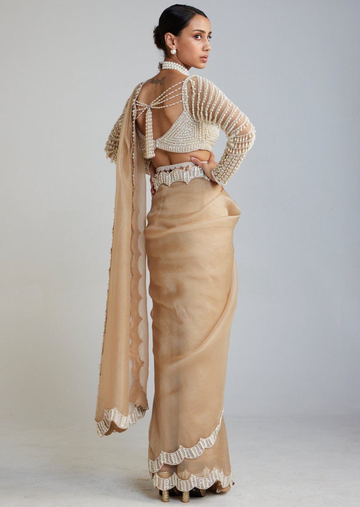 Beige Chandelier Drop Saree Set