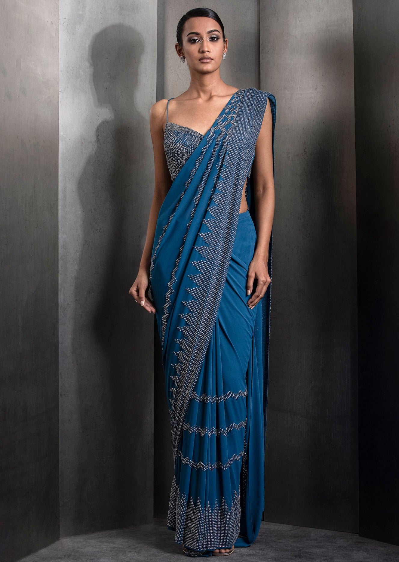 Blue Pre-Draped Tulle Sari