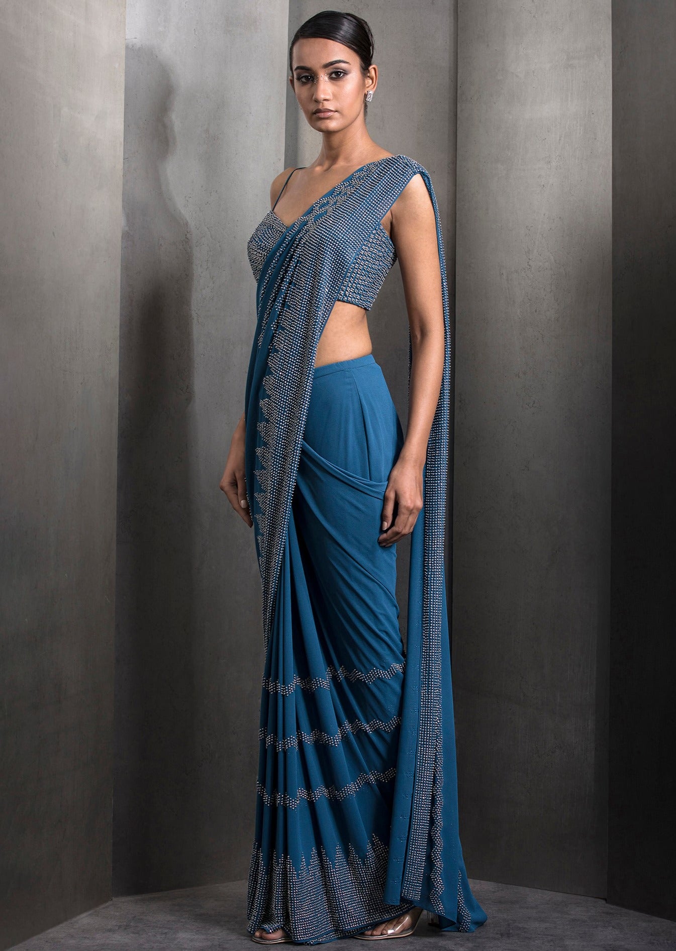 Blue Pre-Draped Tulle Sari