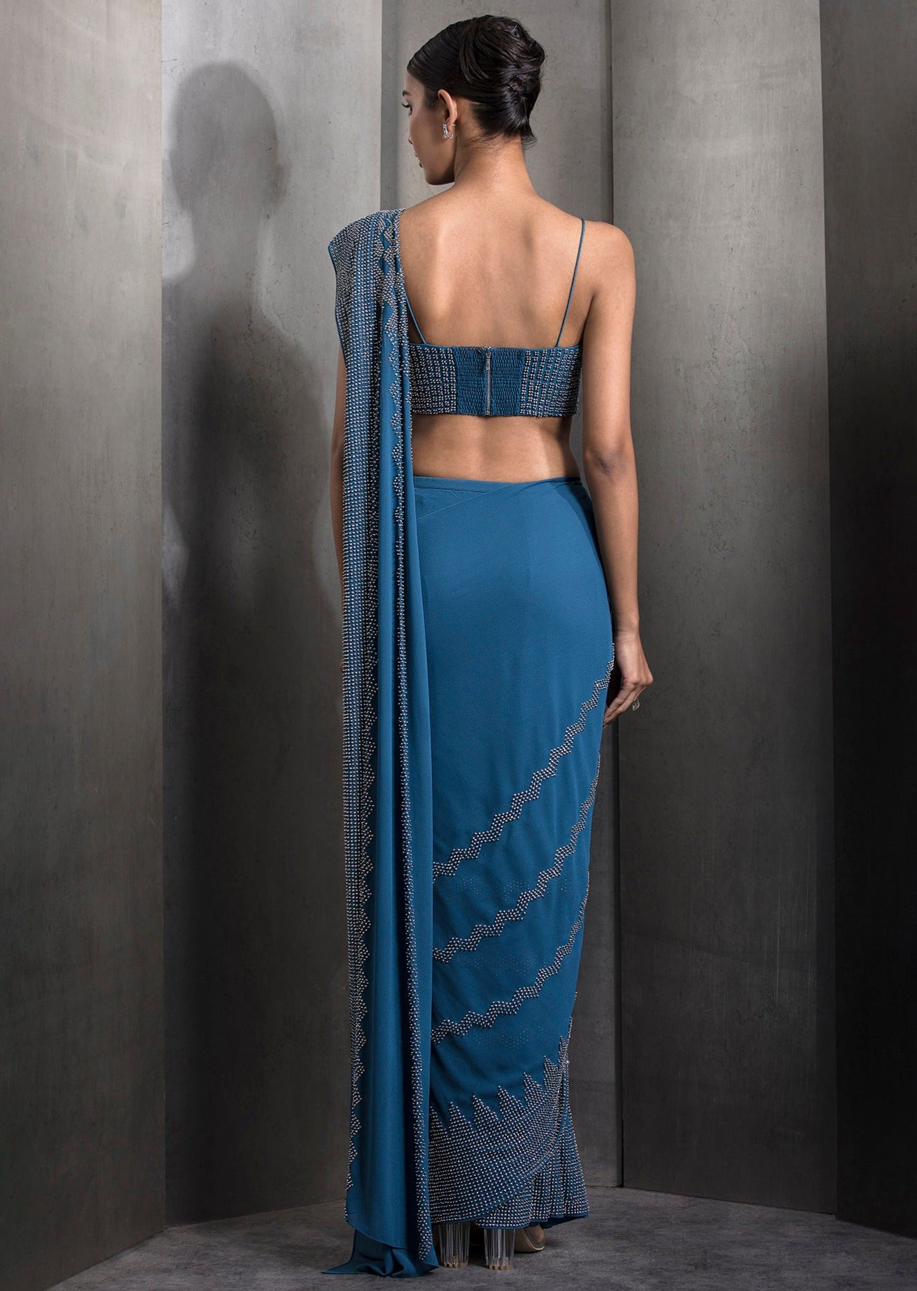 Blue Pre-Draped Tulle Sari