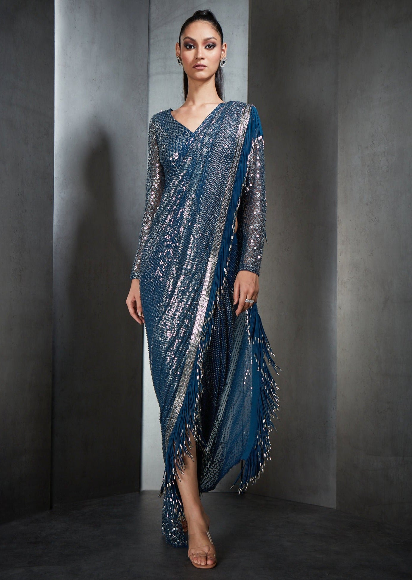 Blue Draped Sari with Metallic Fringes