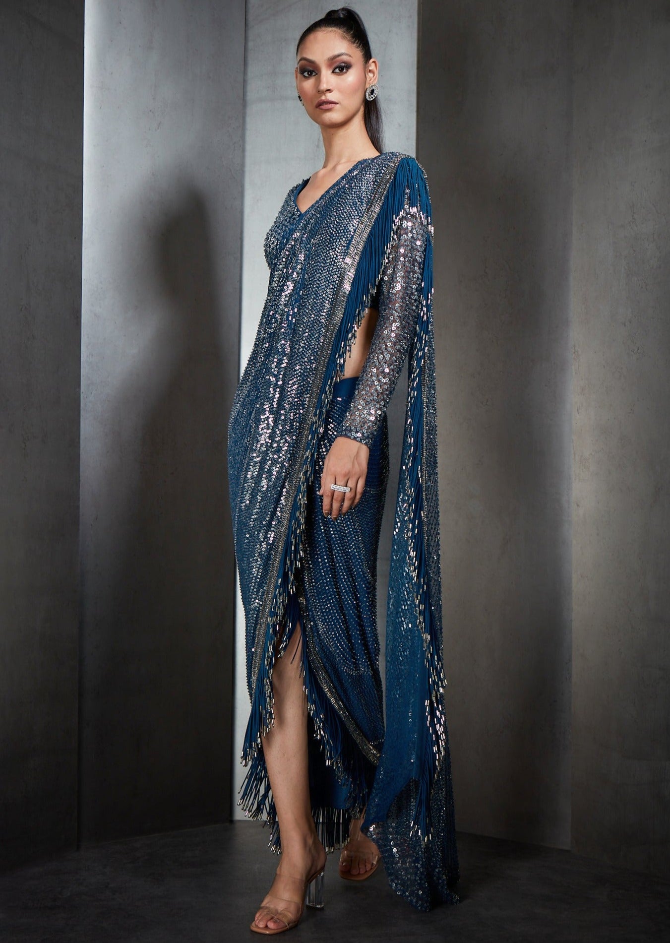 Blue Draped Sari with Metallic Fringes
