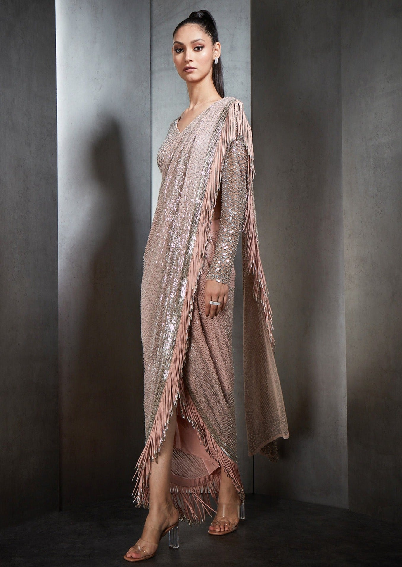 Pink Draped Sari with Metallic Fringes