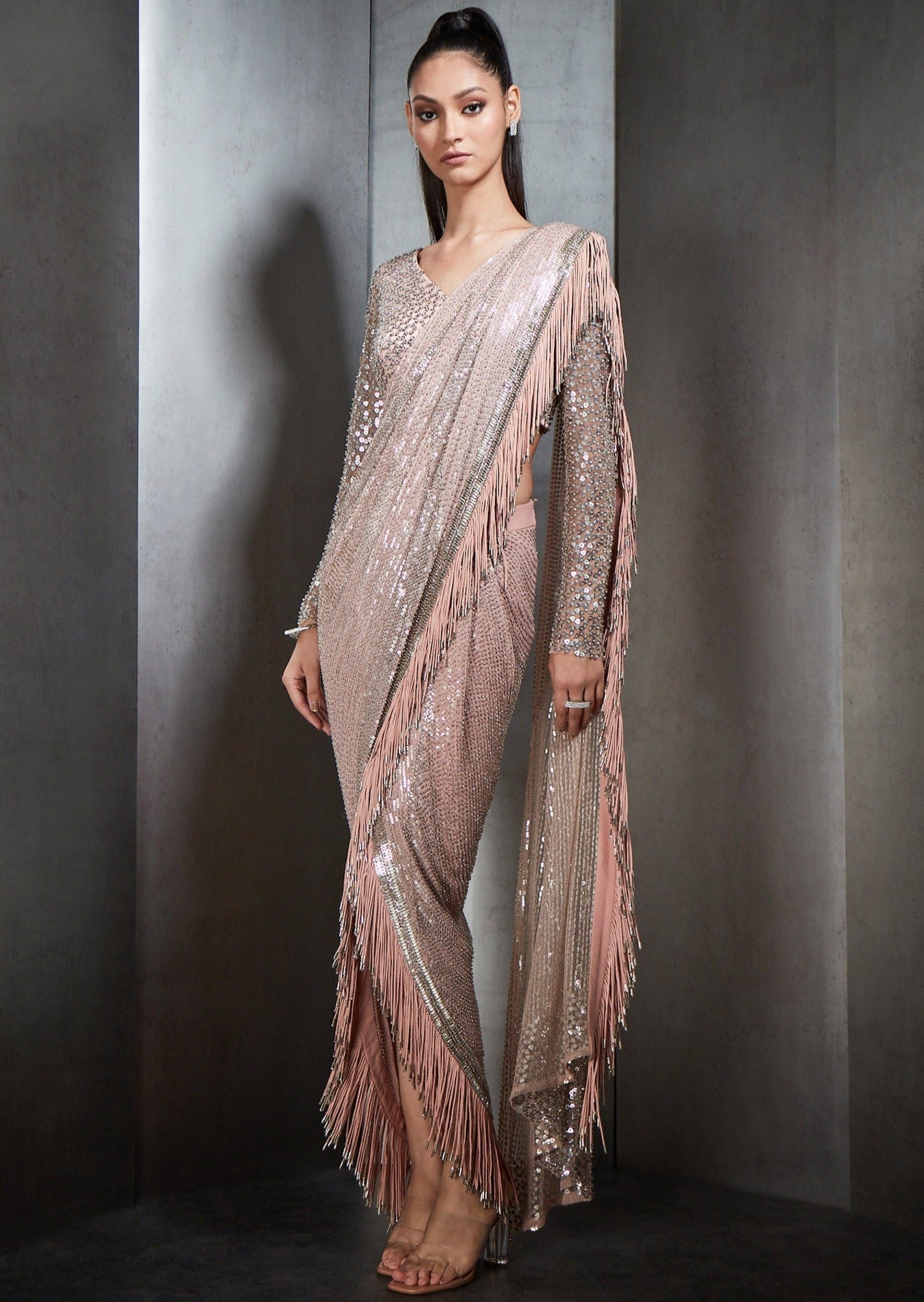 Pink Draped Sari with Metallic Fringes