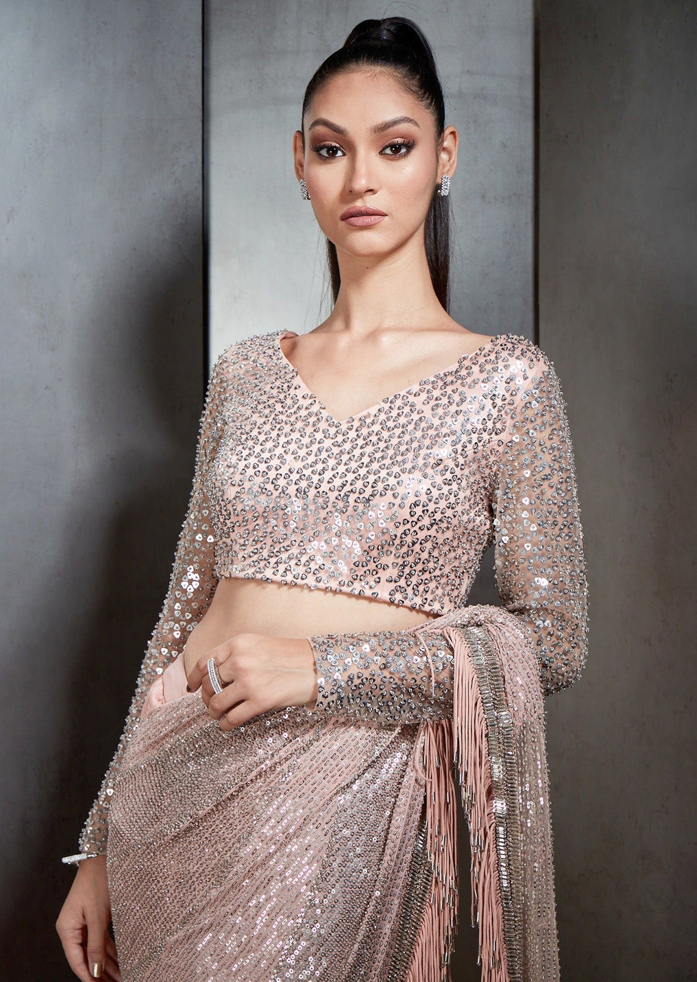 Pink Draped Sari with Metallic Fringes