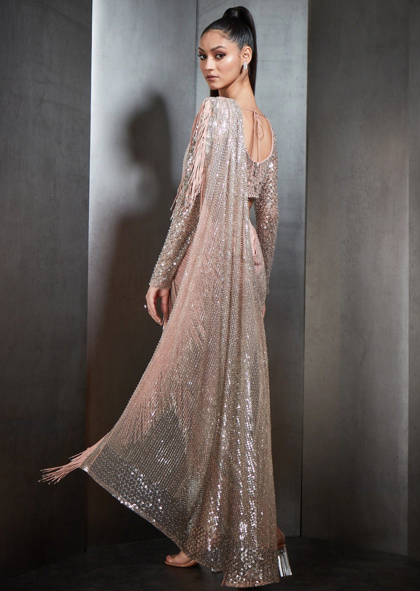 Pink Draped Sari with Metallic Fringes
