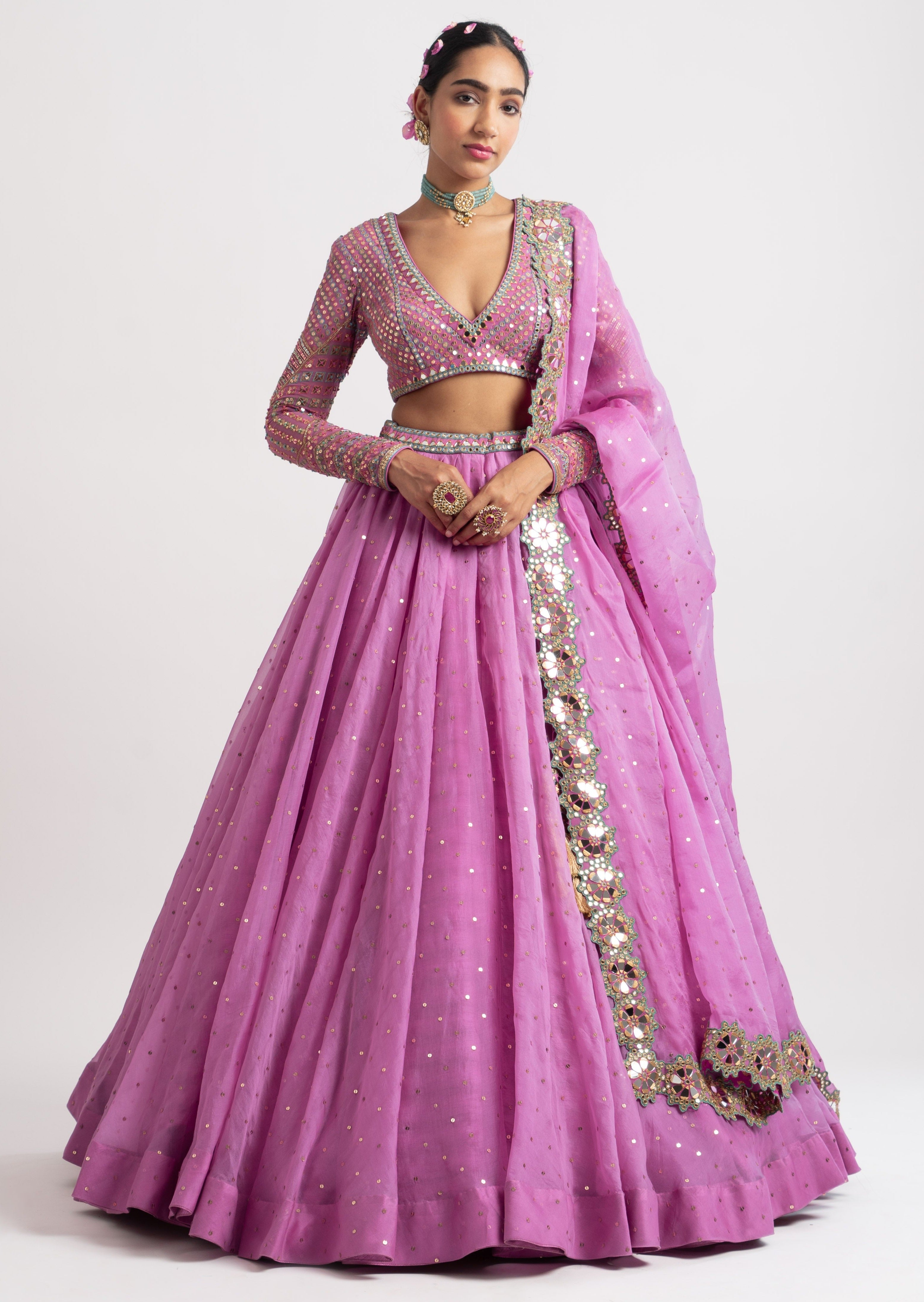 Dark Blush Silk Organza Lehenga Set