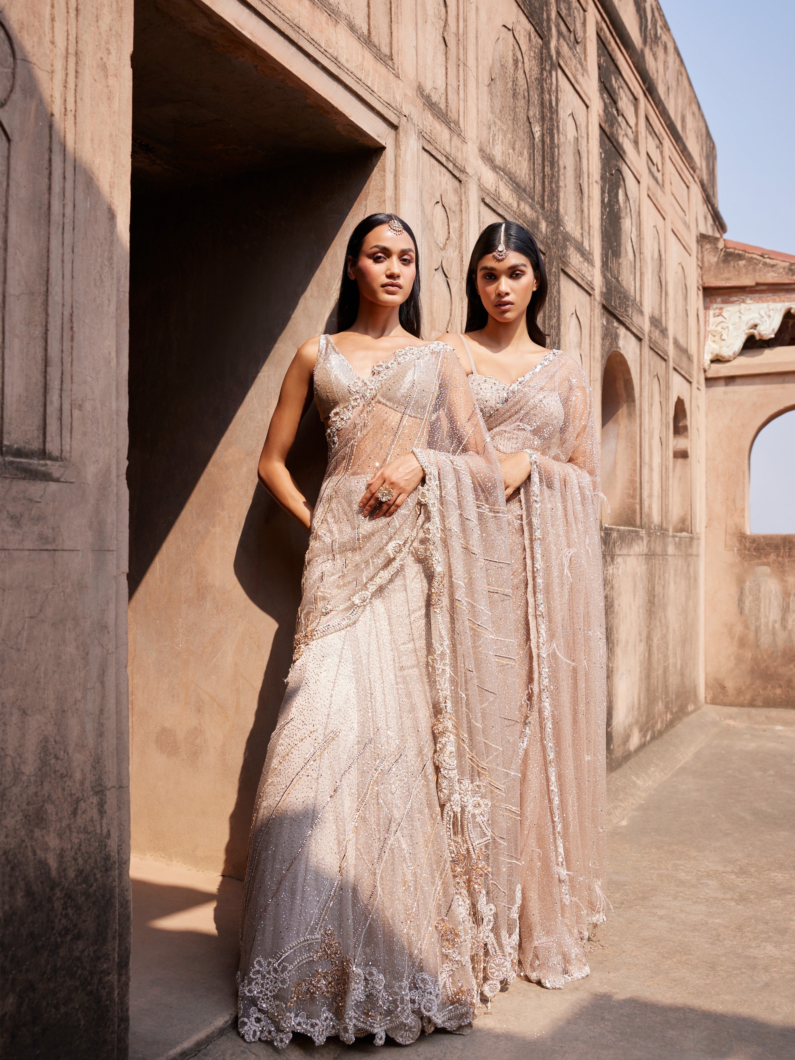 Hecate Dusty Ivory Shimmer Tulle Bridal Lehenga Sari