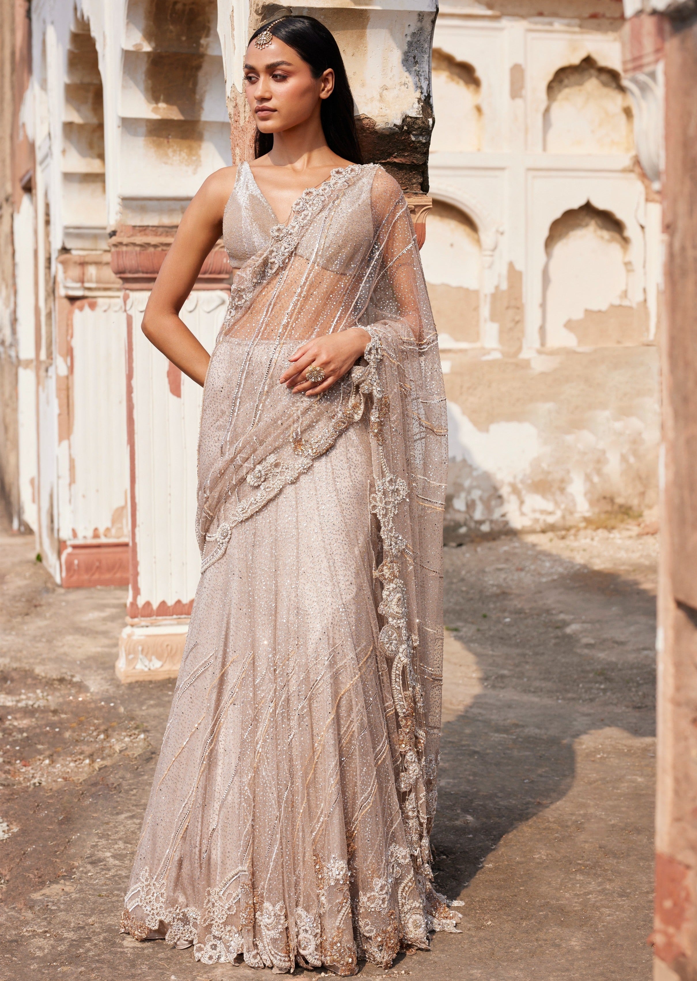 Hecate Dusty Ivory Shimmer Tulle Bridal Lehenga Sari
