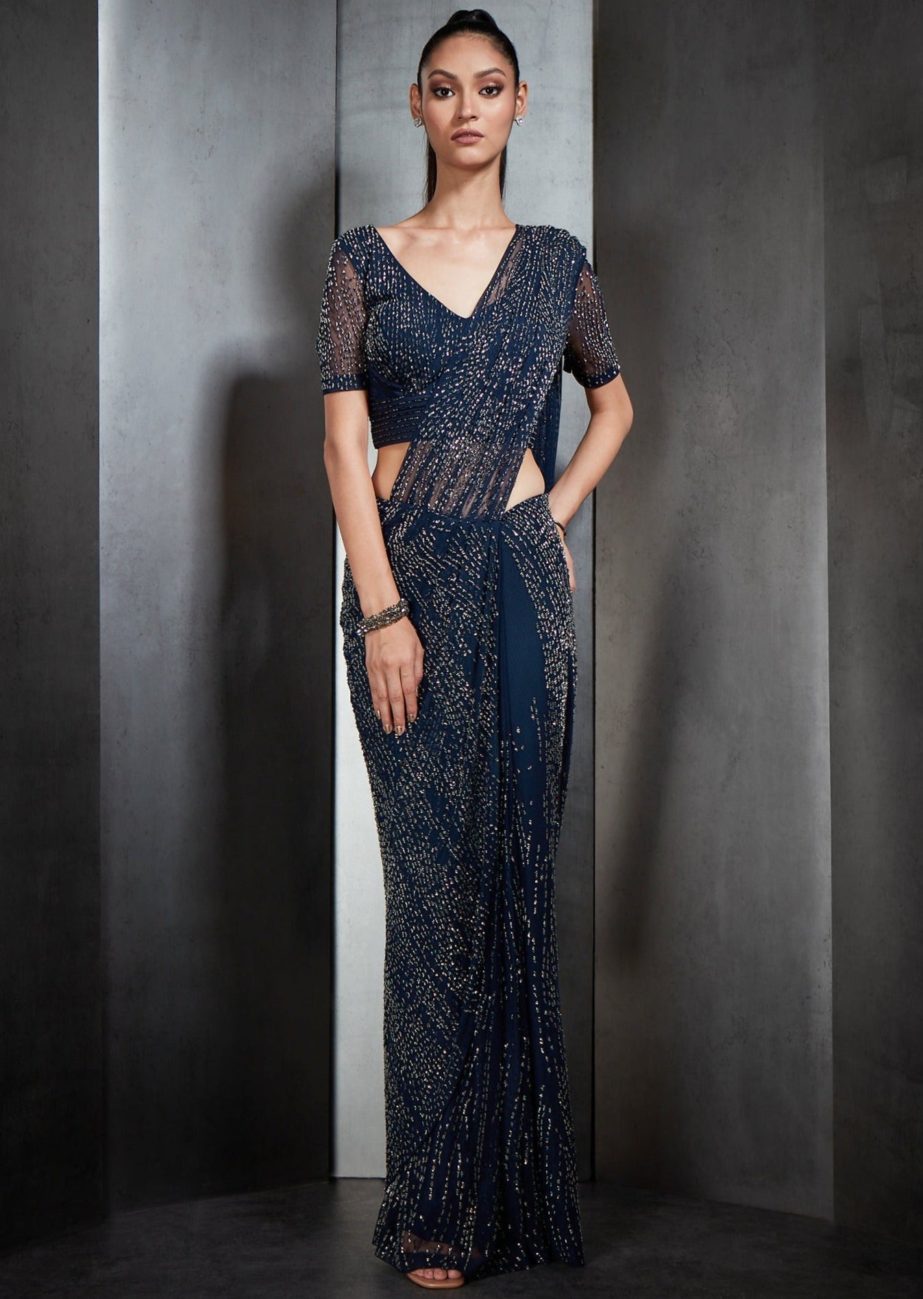 Navy Blue Heavily Embellished Open Sari