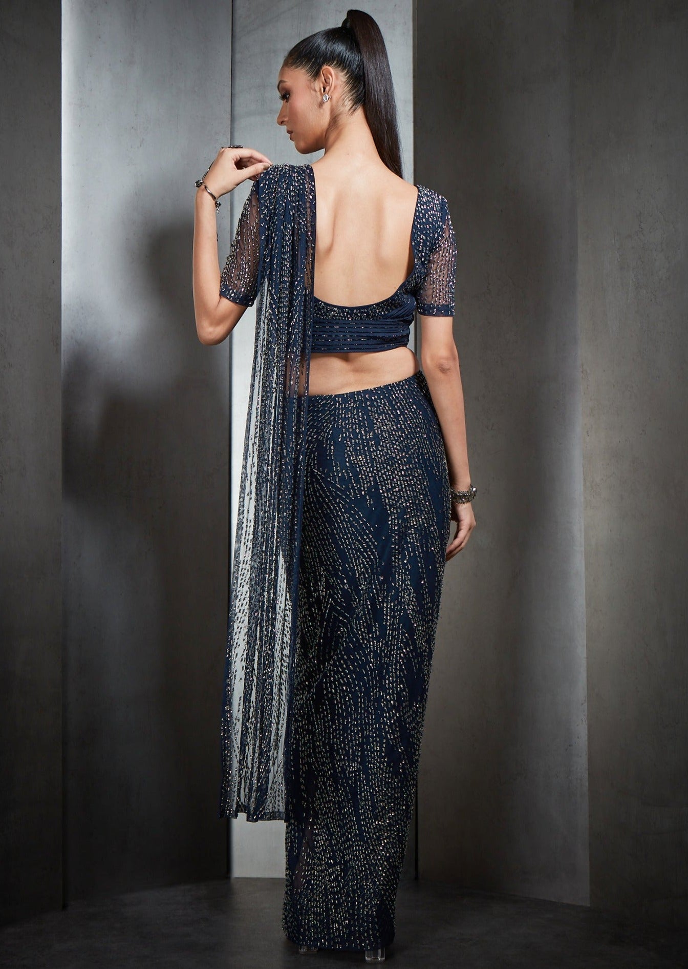 Navy Blue Heavily Embellished Open Sari