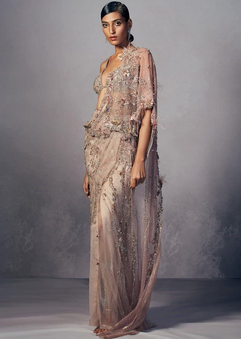 Joyce Shimmer Tulle Draped Sari Set
