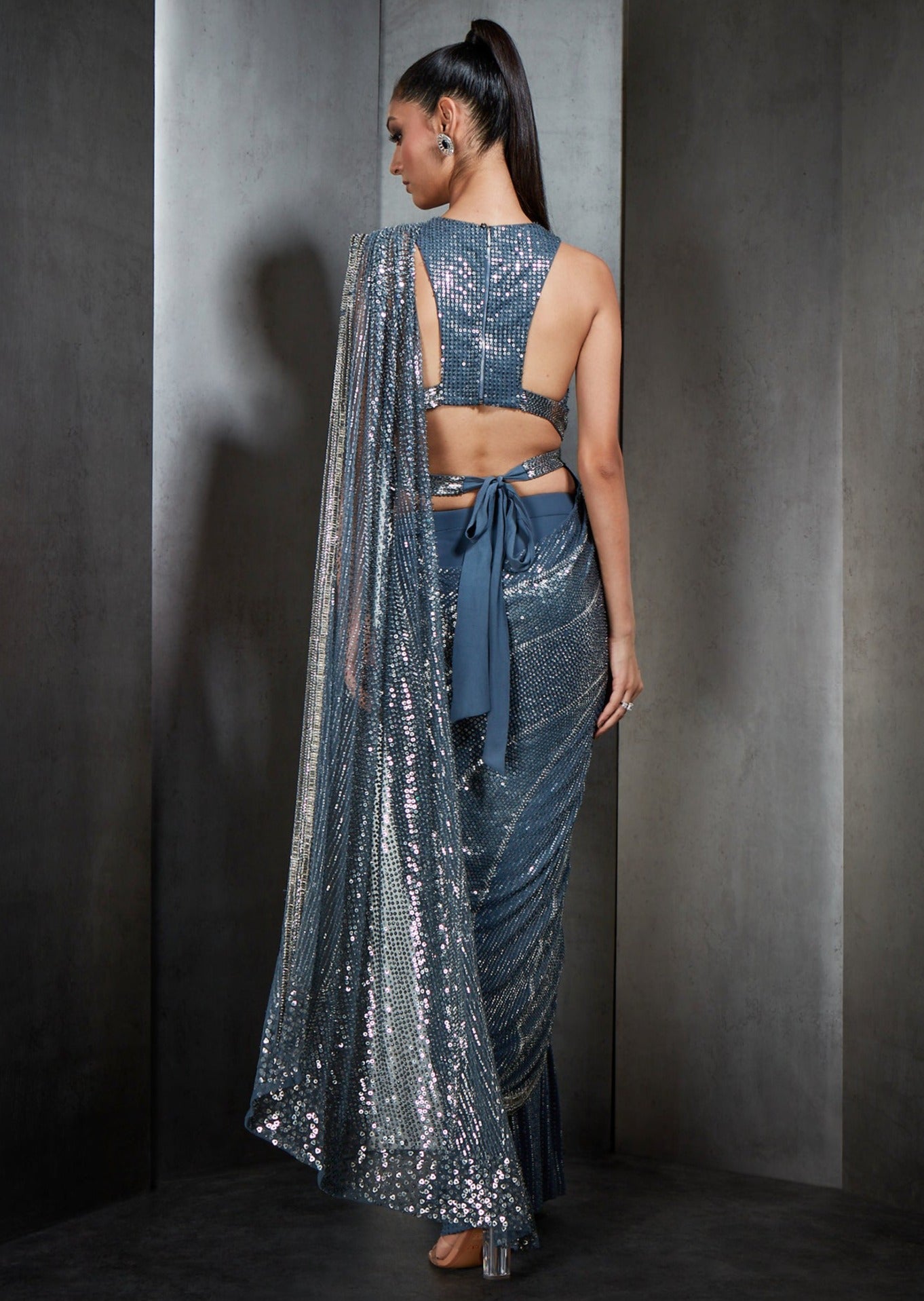 Blue Pre-Stitched Crystal Beaded Fringe Sari