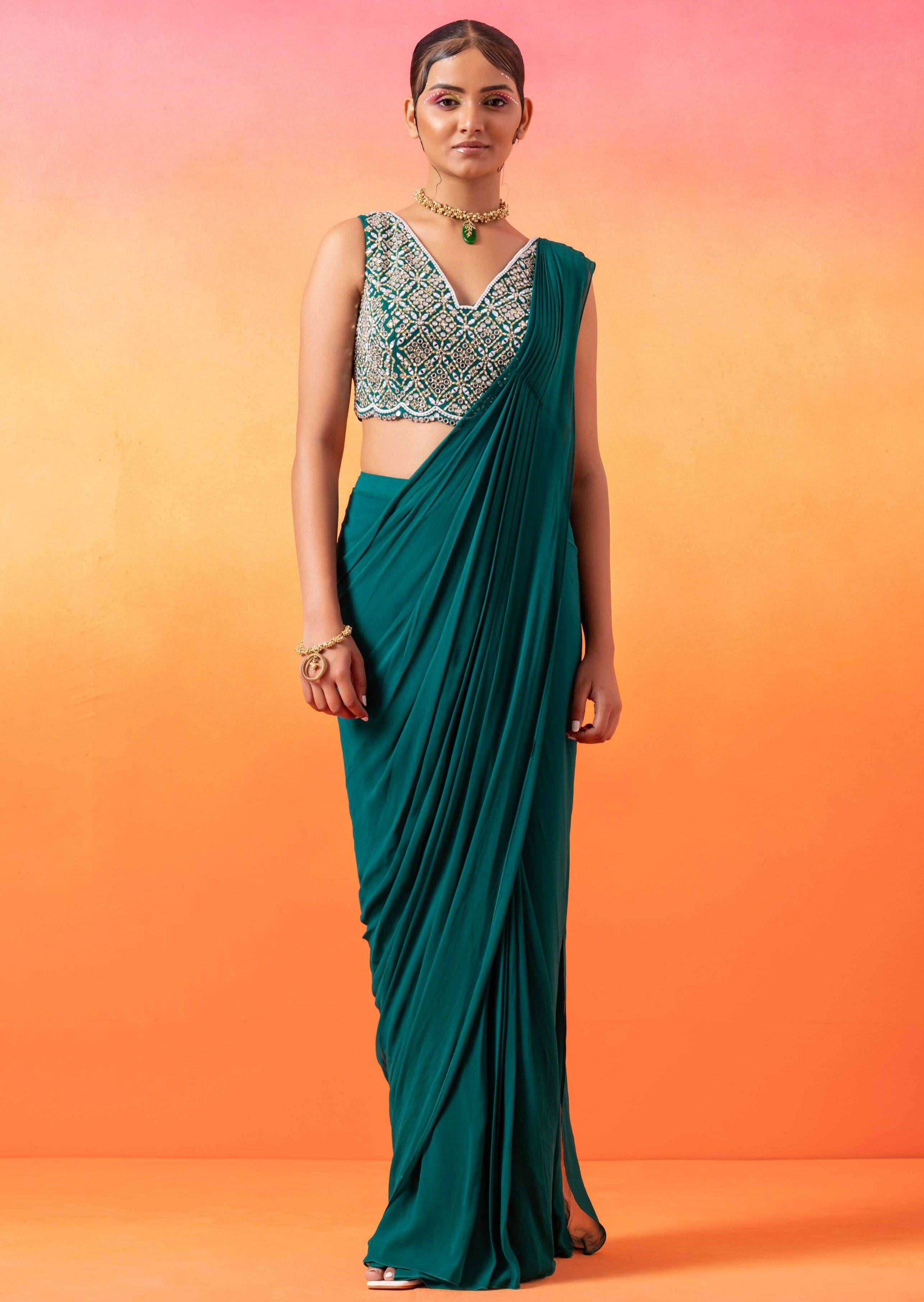 Emerald Green Pre-stitched Sari