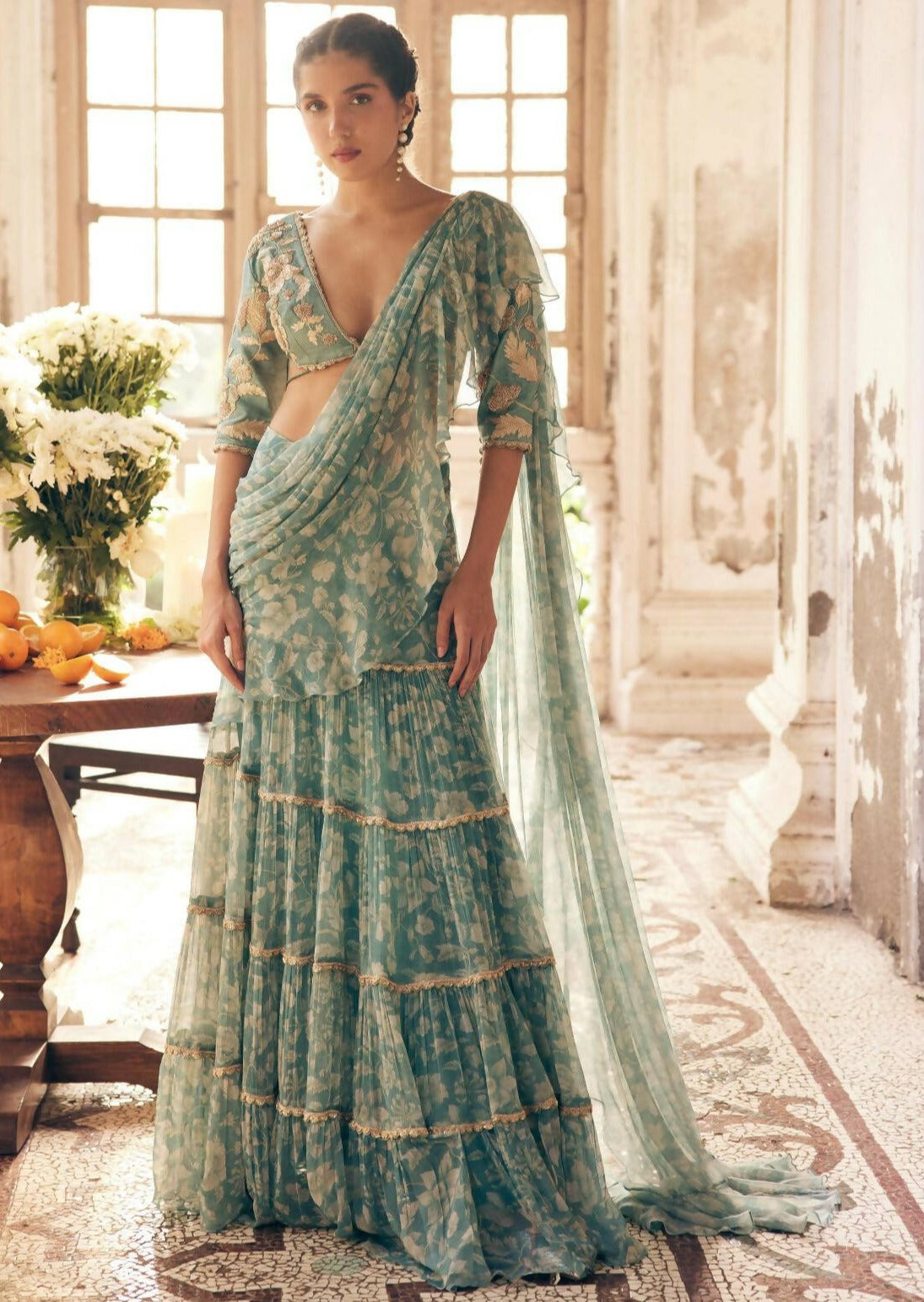 Ice Blue Vintage Floral Chiffon Sari Set