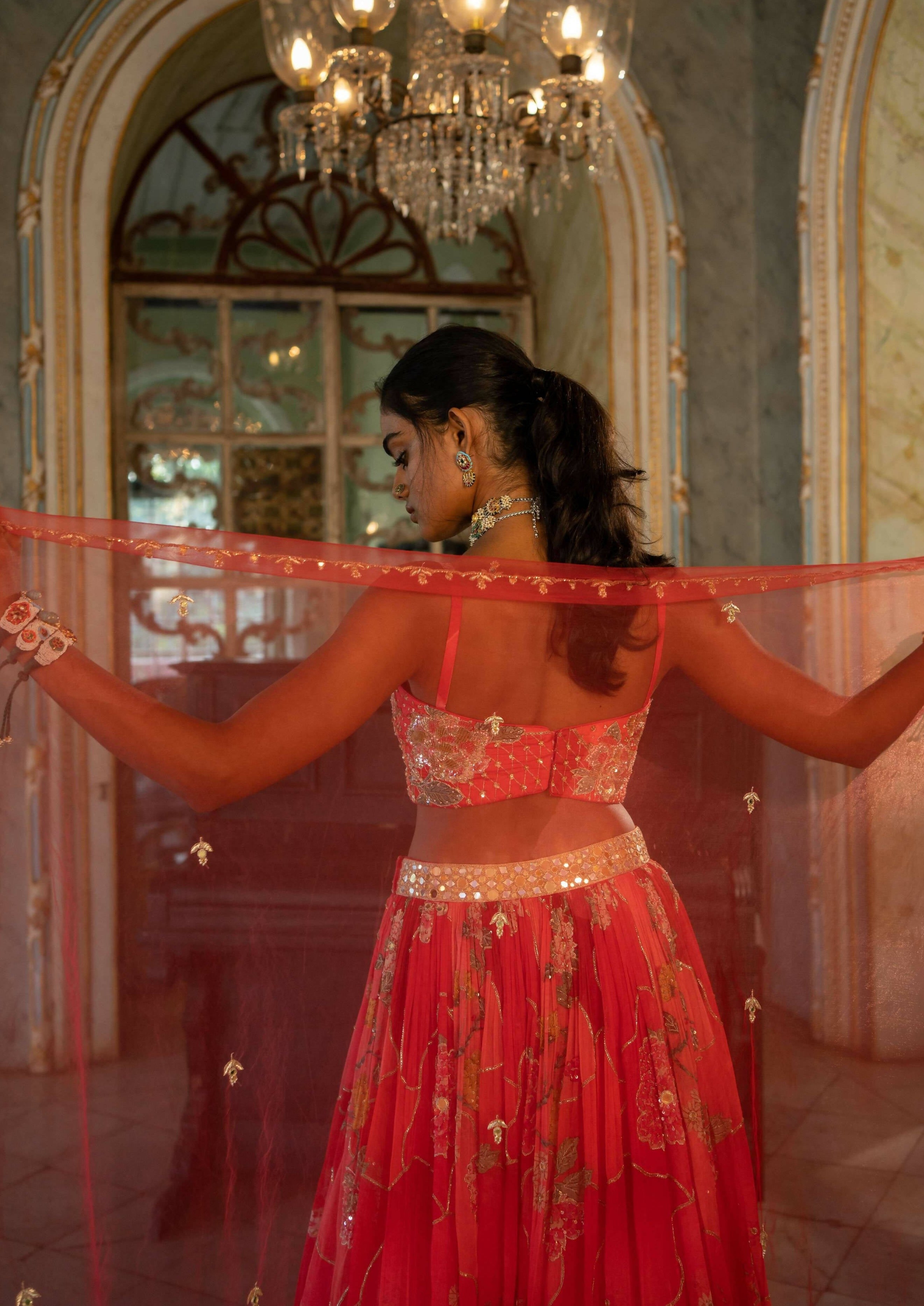 Red Nakhsa Printed Lehenga Set