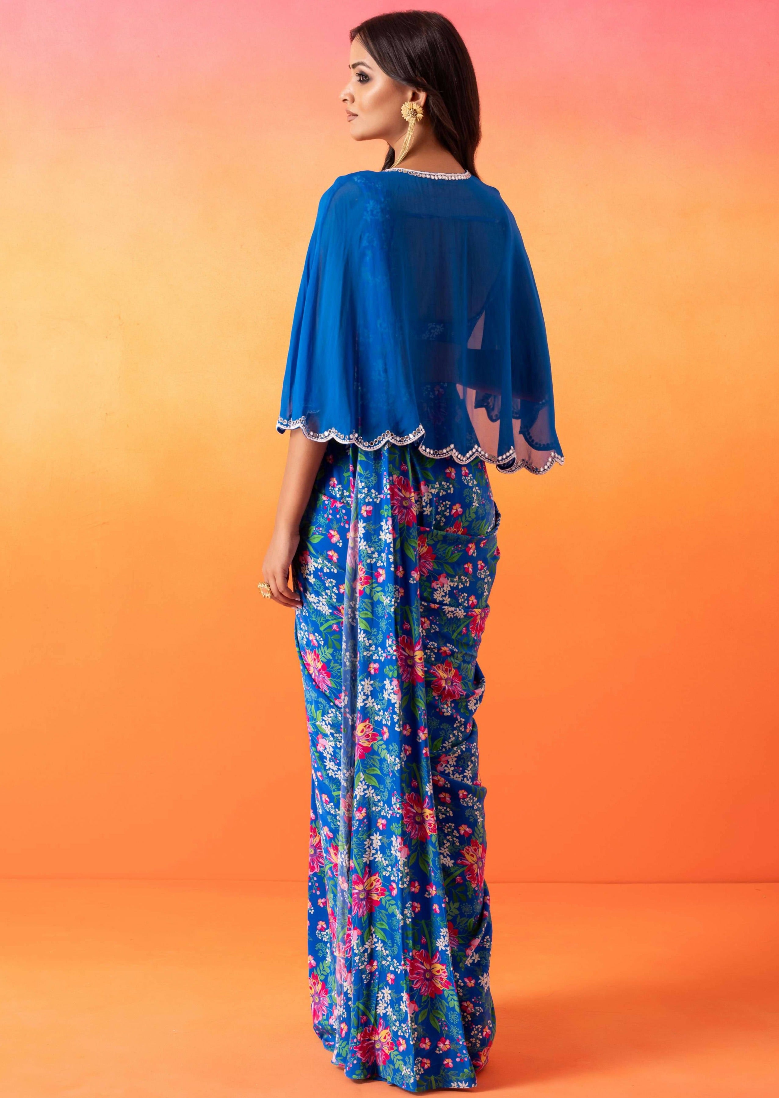 Electric Blue Floral Printed Sari Set