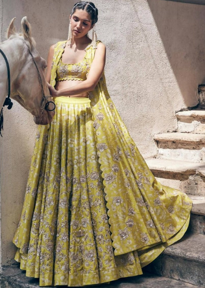 Lime Yellow Vintage Floral Lehenga Jacket Set