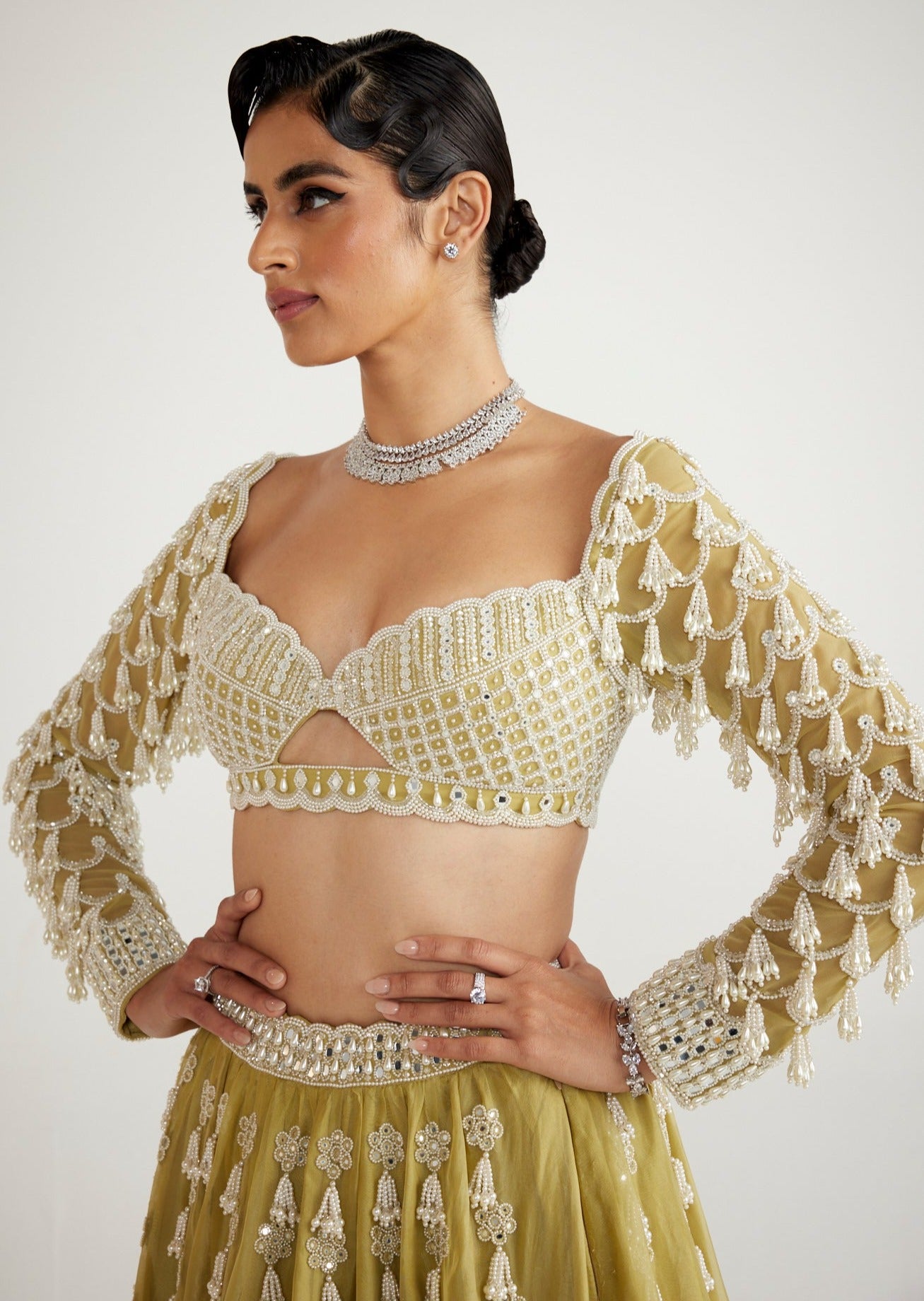 Fern Green Chandelier Pearl Drop Full Sleeve Lehenga Set