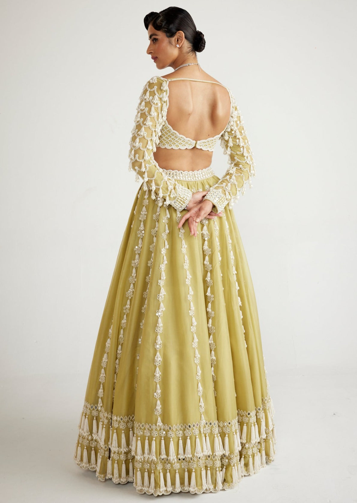 Fern Green Chandelier Pearl Drop Full Sleeve Lehenga Set