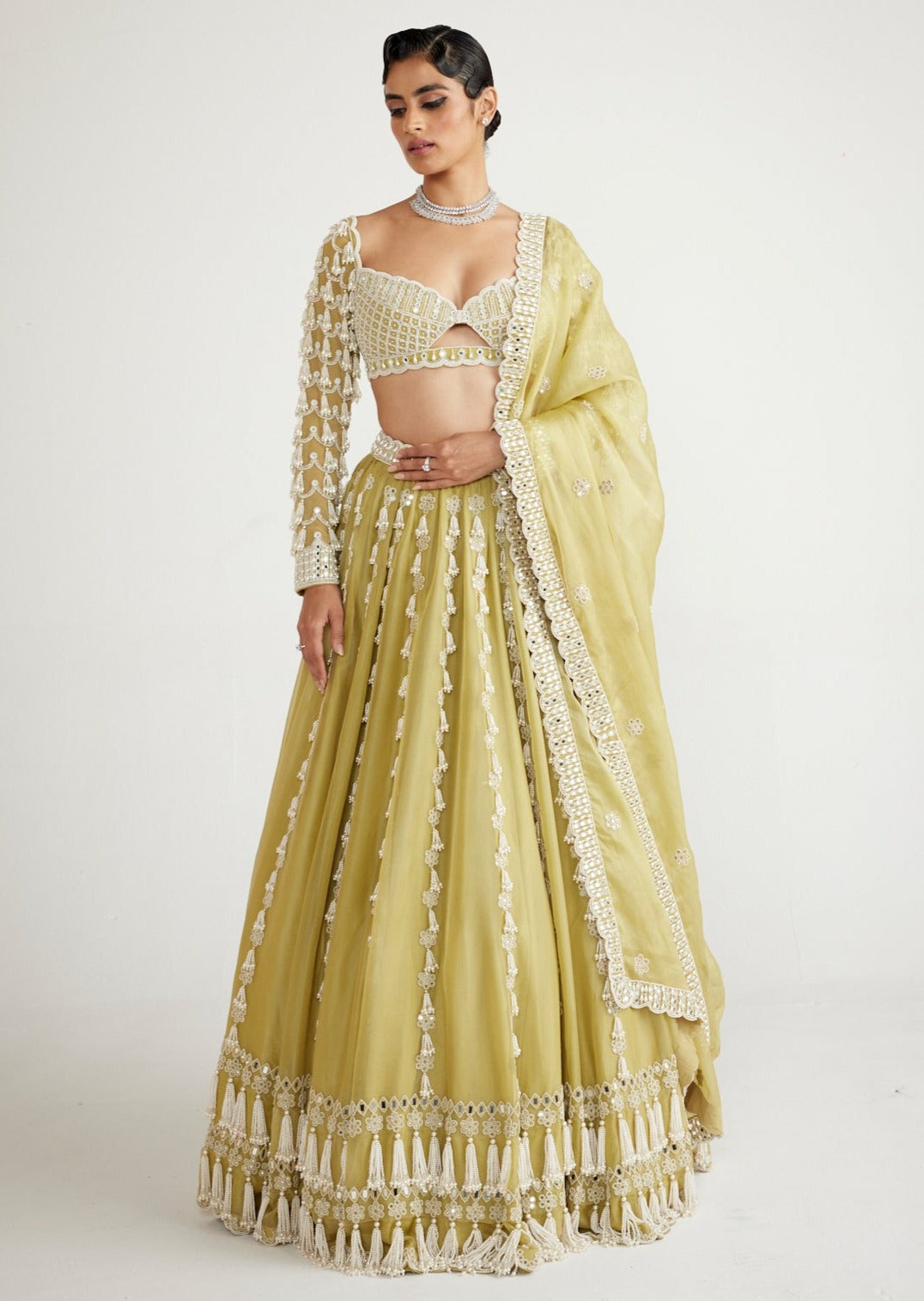 Fern Green Chandelier Pearl Drop Full Sleeve Lehenga Set