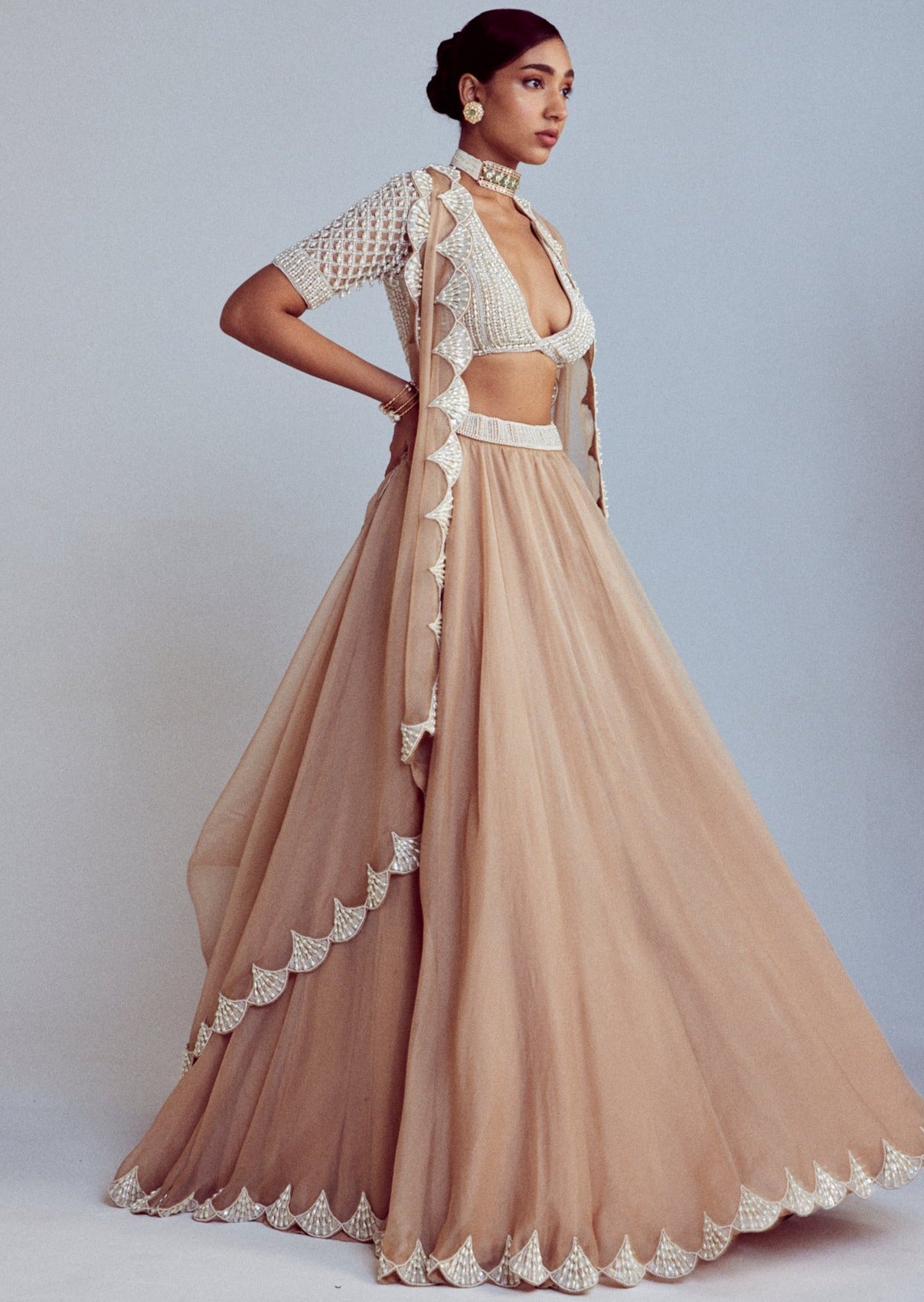Beige Organza Lehenga Set