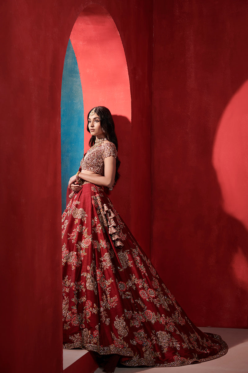 Leia Burgundy Floral Bridal Lehenga Set