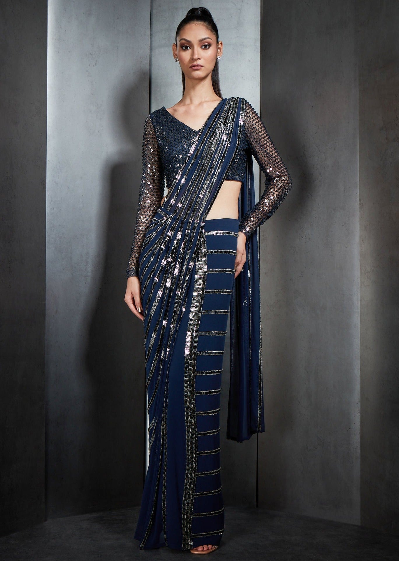 Navy Blue Draped Sari with Linear Metallic Bead