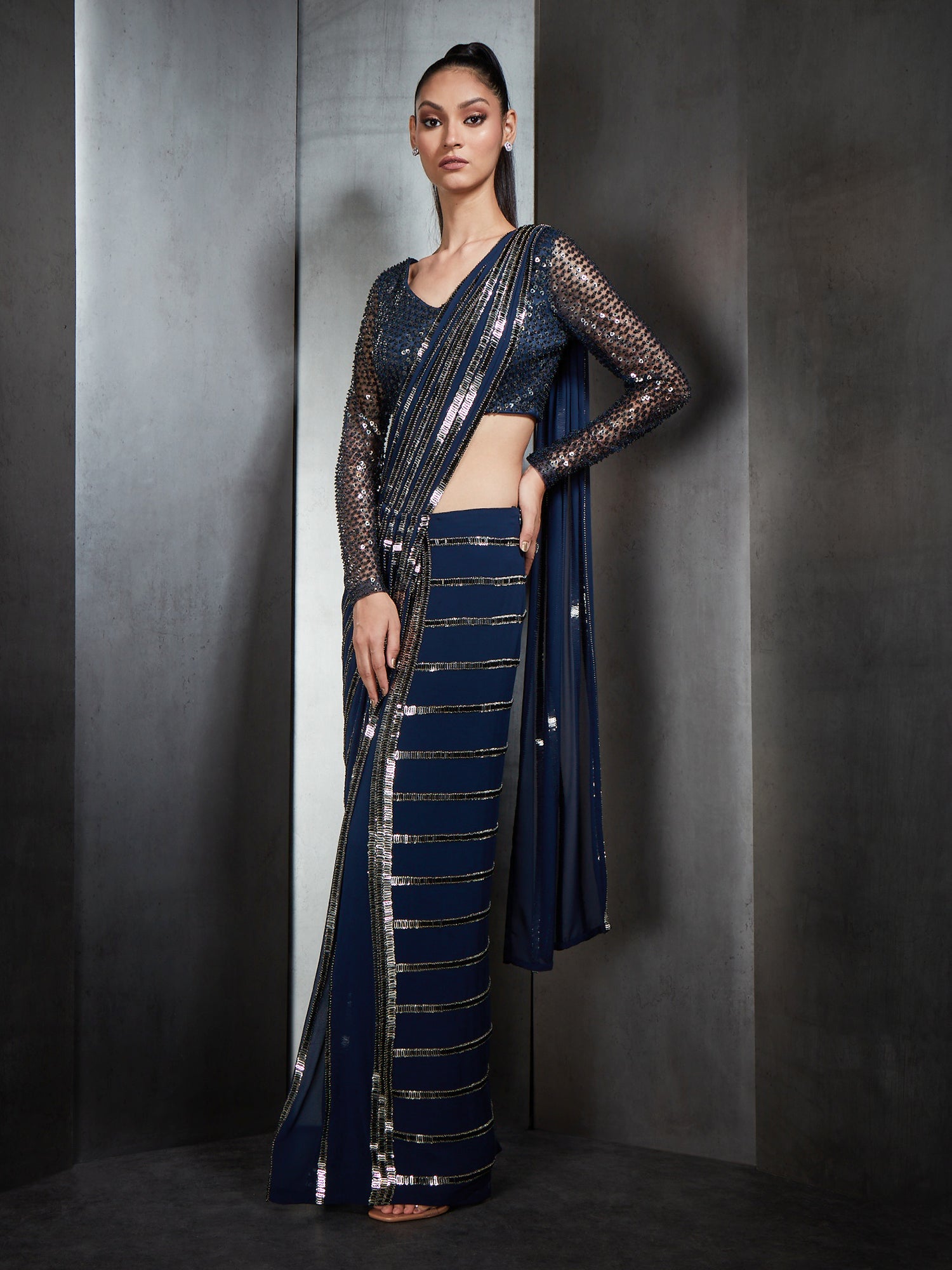 Navy Blue Draped Sari with Linear Metallic Bead