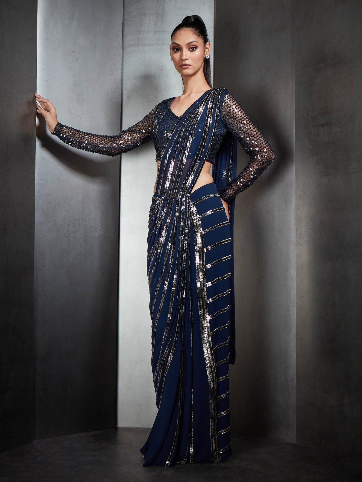 Navy Blue Draped Sari with Linear Metallic Bead