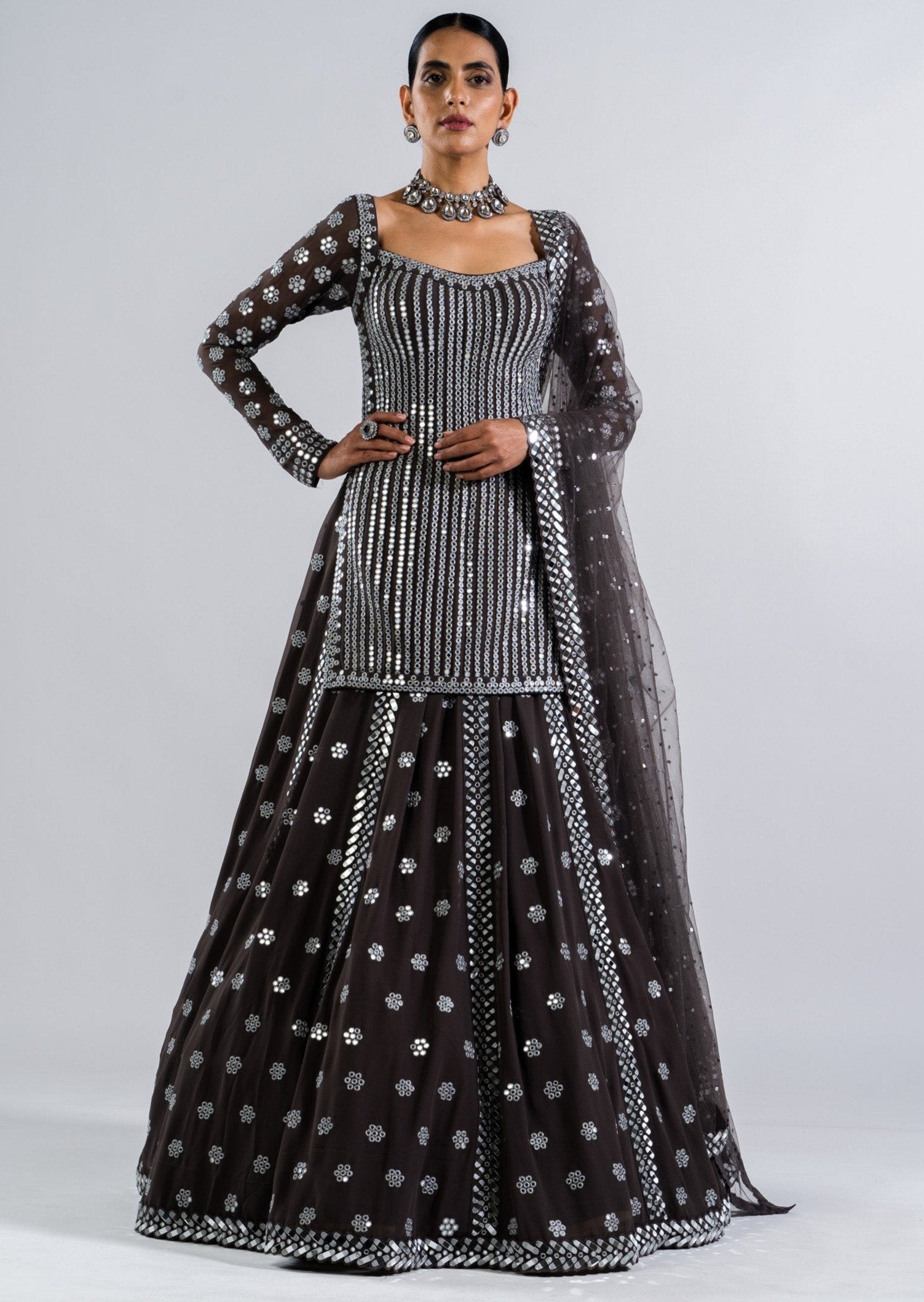 Charcoal Grey Mirror Work Kurta Lehenga Set S / Grey