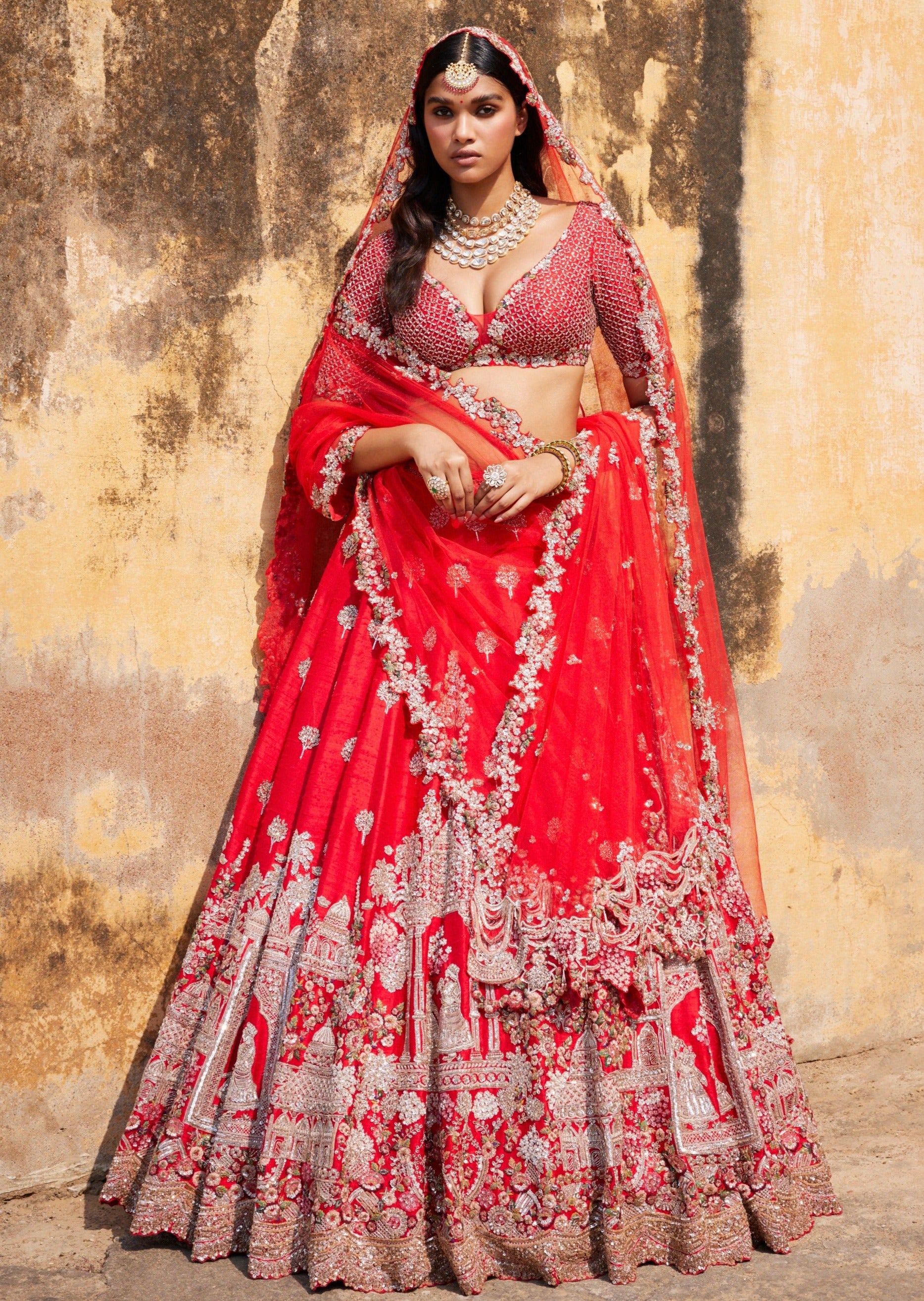 Idalia Red Raw Silk Bridal Lehenga