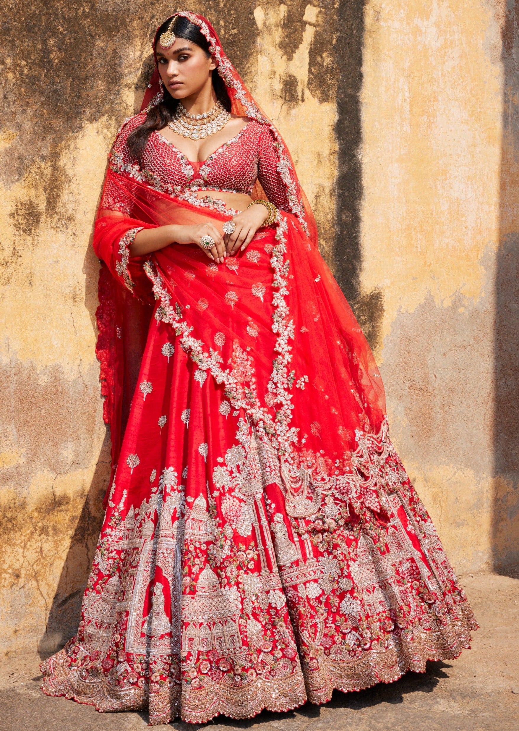 Idalia Red Raw Silk Bridal Lehenga