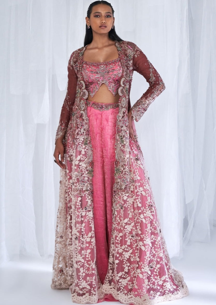 Oeshi Ombre Chantilly Jacket Sharara Set