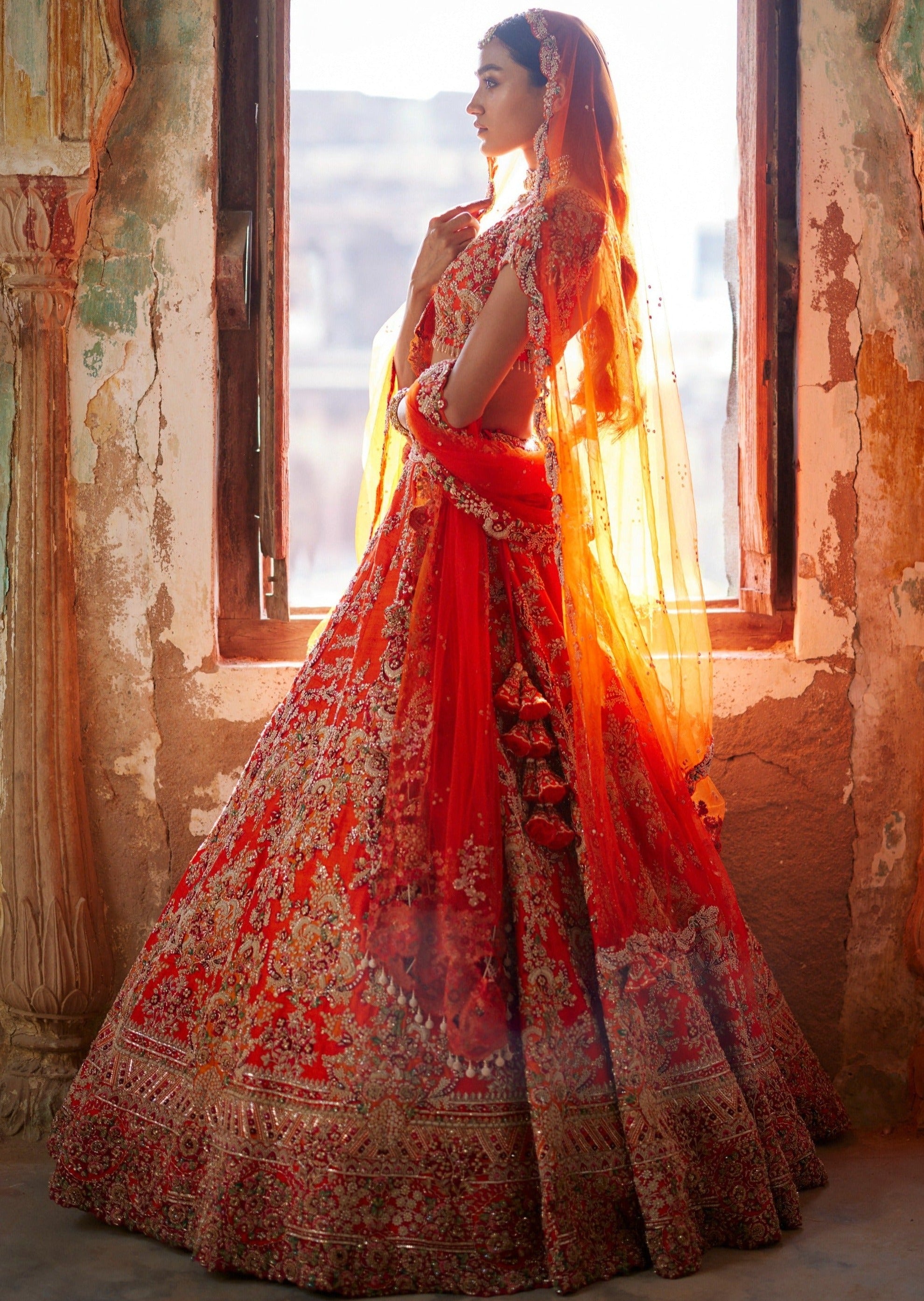 Juno Sunset Orange Raw Silk Bridal Lehenga Set