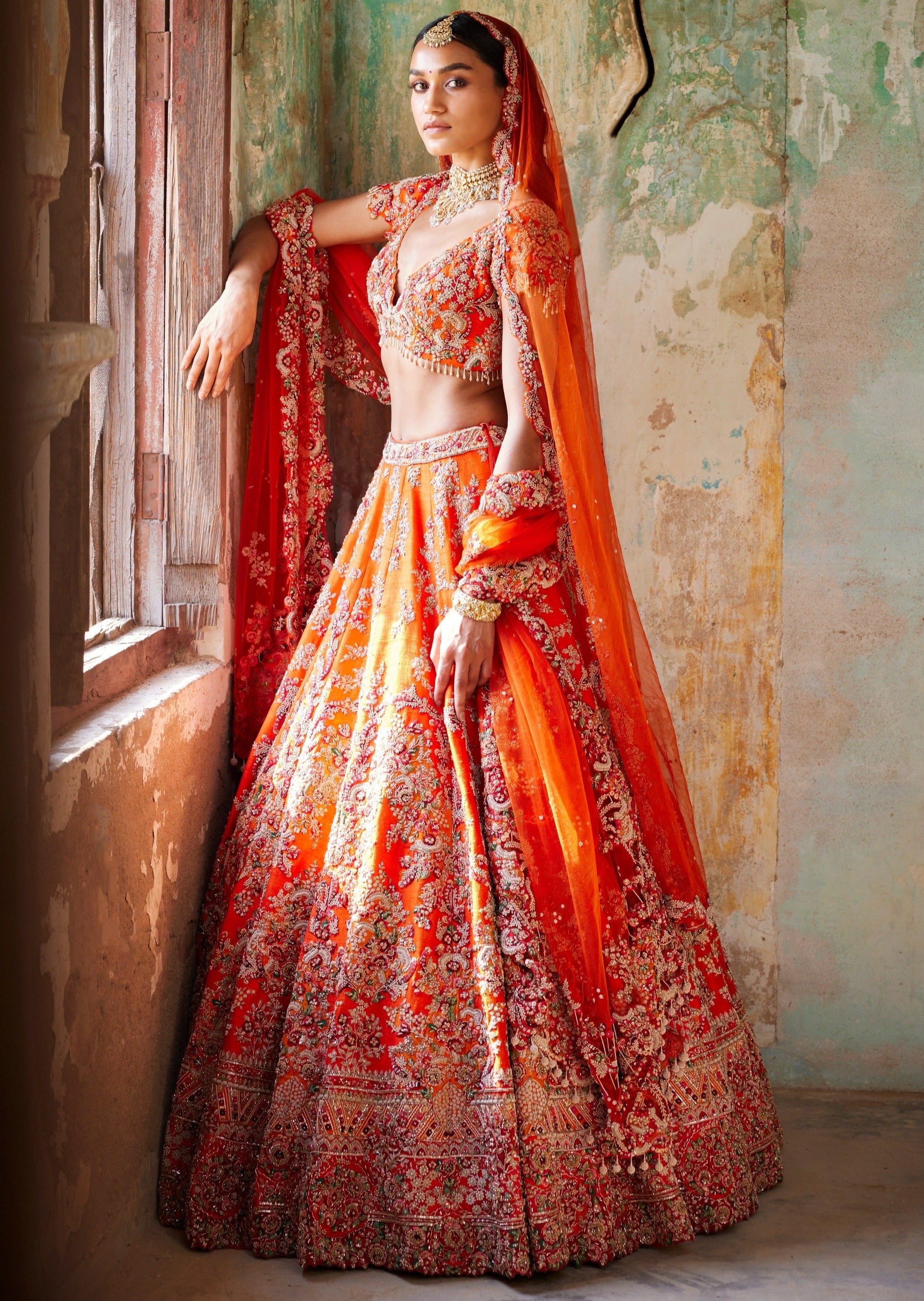 Juno Sunset Orange Raw Silk Bridal Lehenga Set
