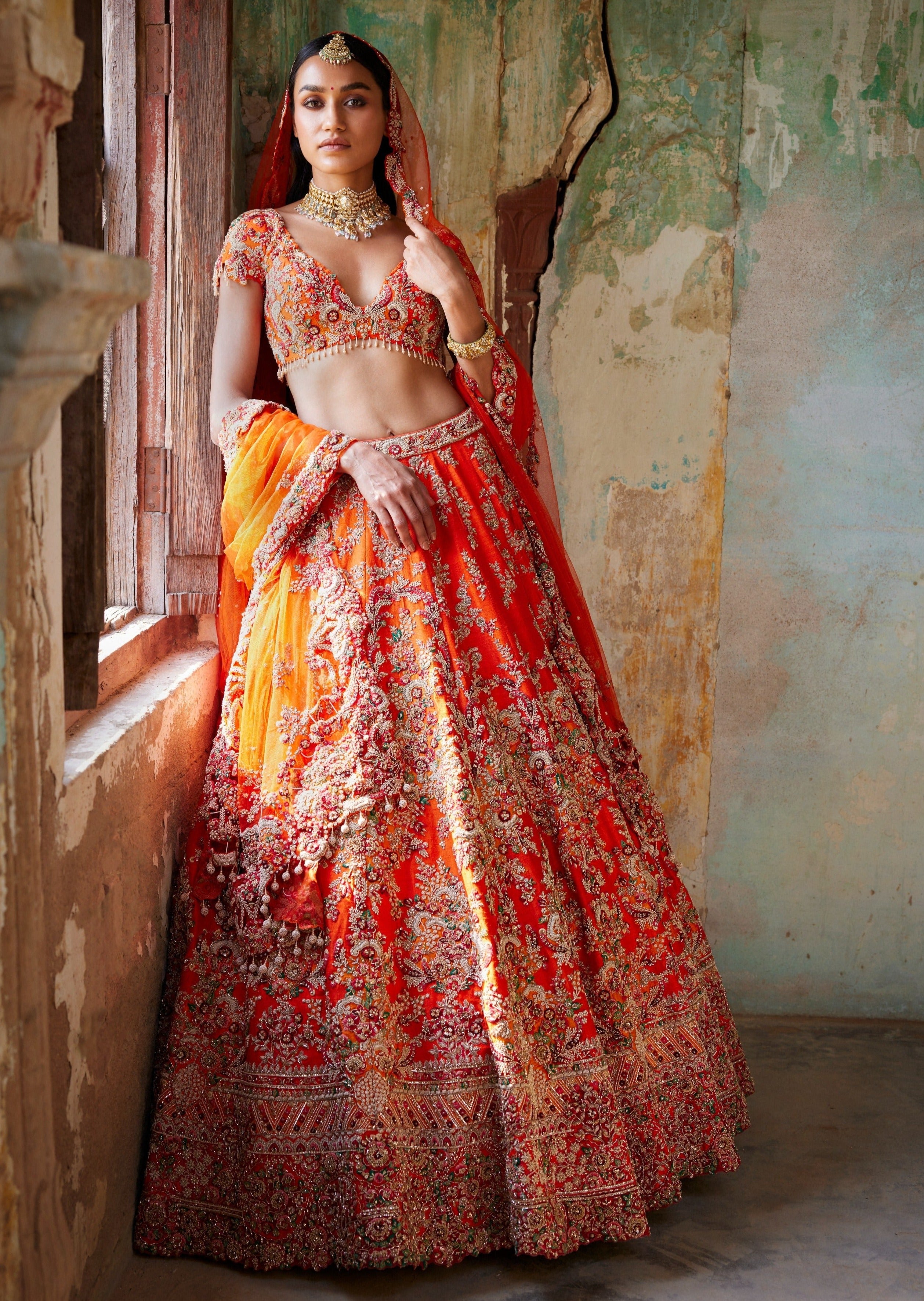 Juno Sunset Orange Raw Silk Bridal Lehenga Set