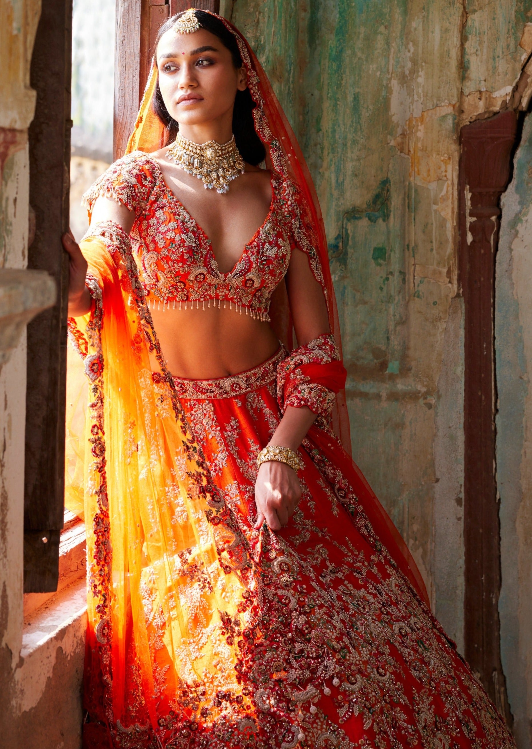 Juno Sunset Orange Raw Silk Bridal Lehenga Set