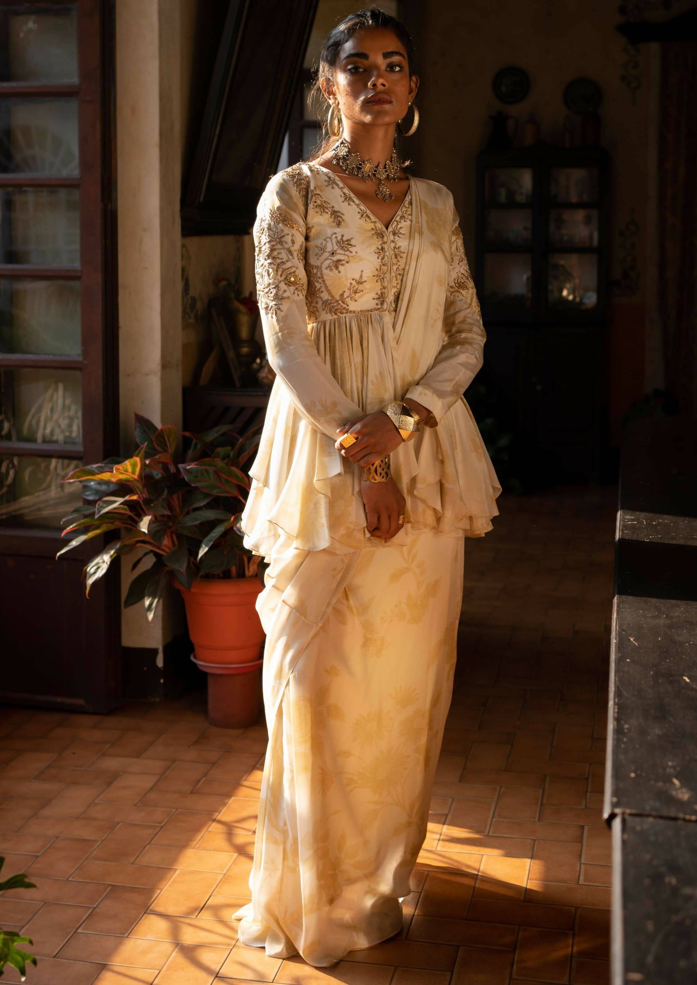 Ivory Floral Peplum Sari Set