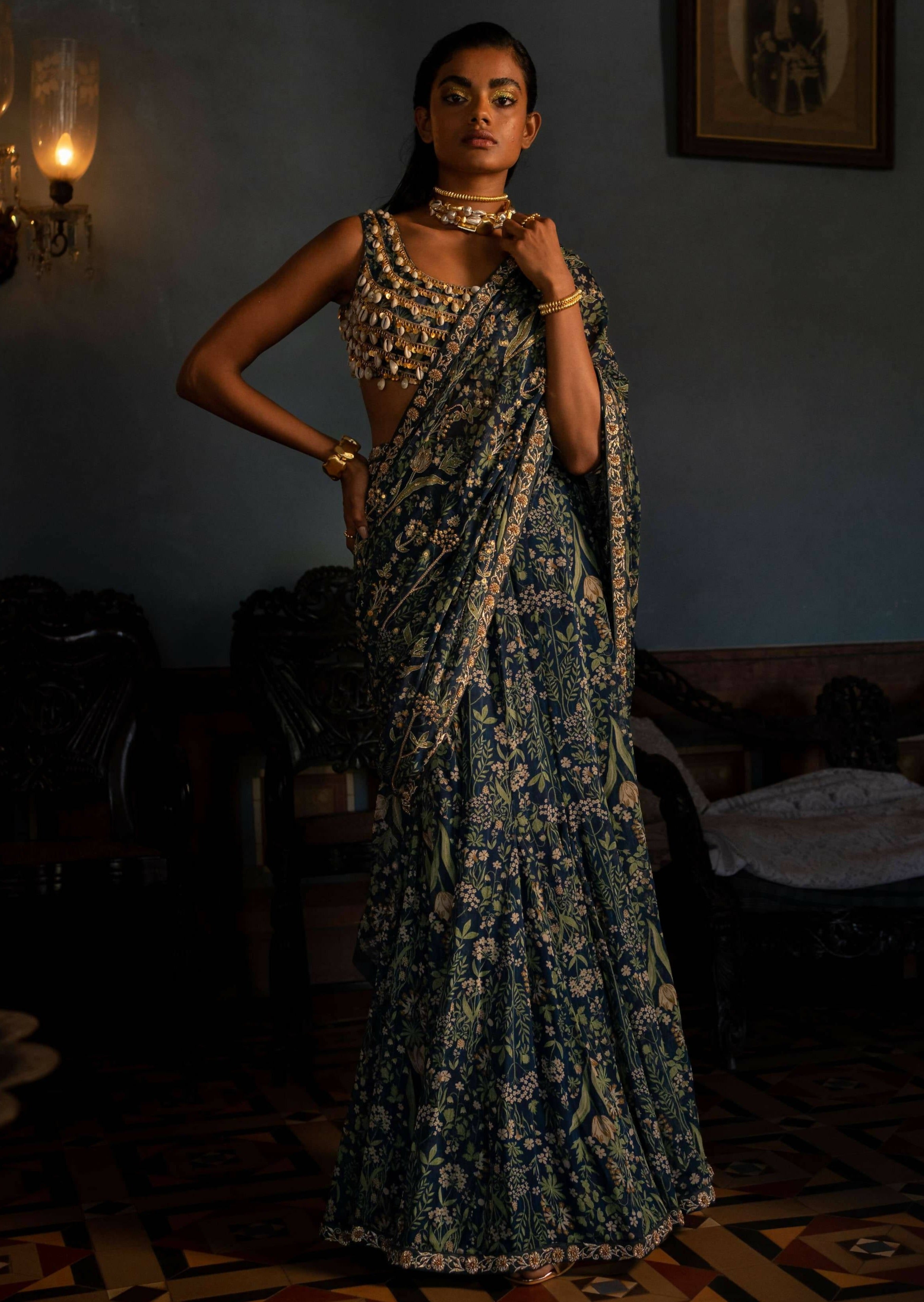 Tropical Print Shell Blouse Sari Set
