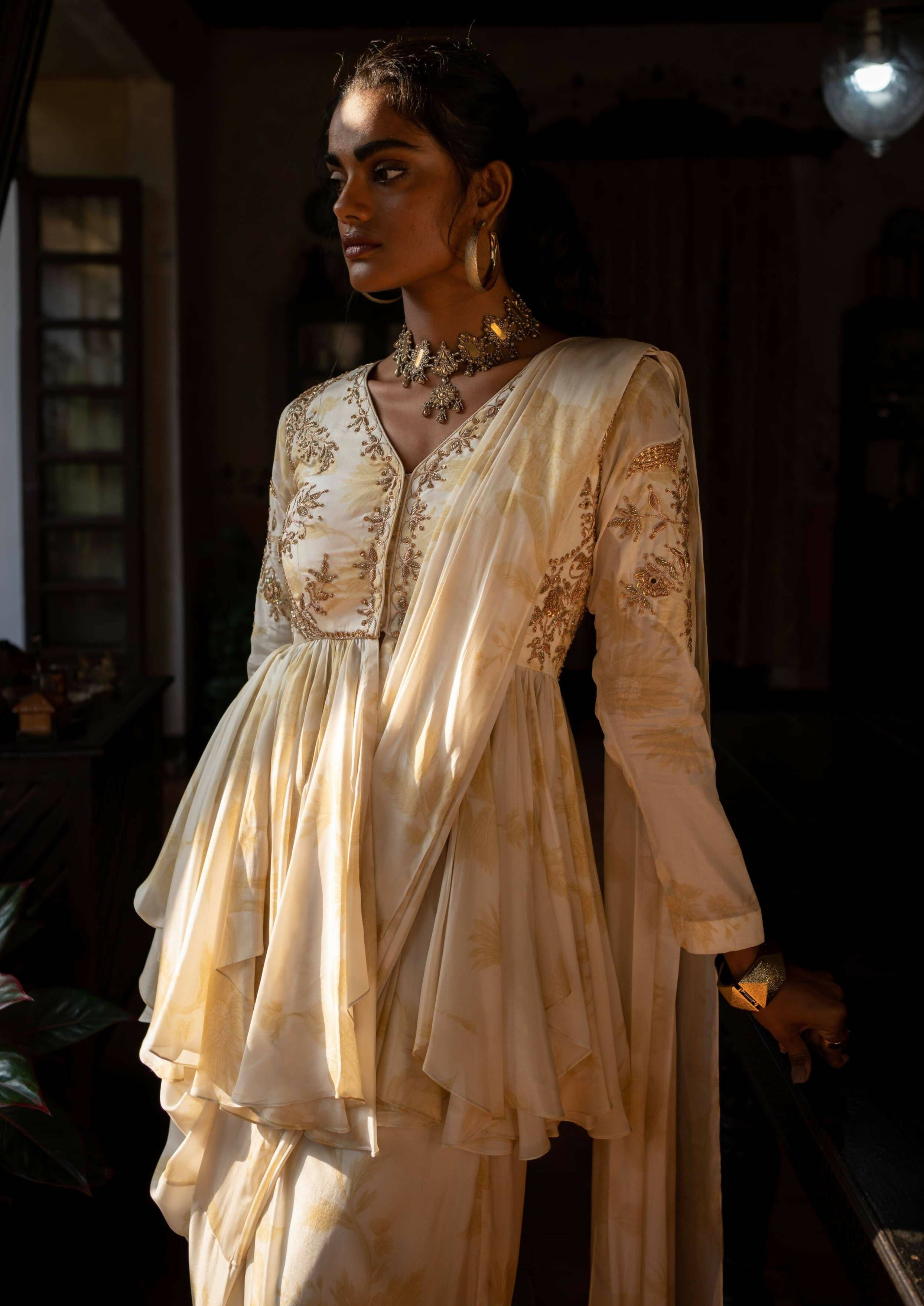 Ivory Floral Peplum Sari Set