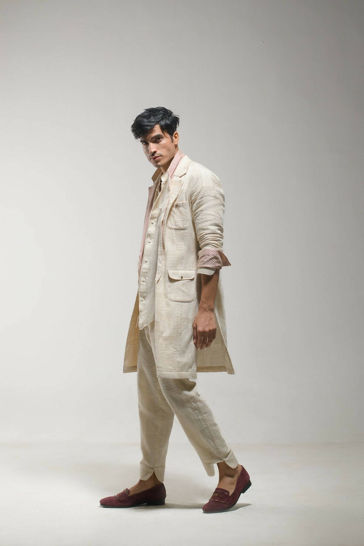 Beige Textured Overcoat Set