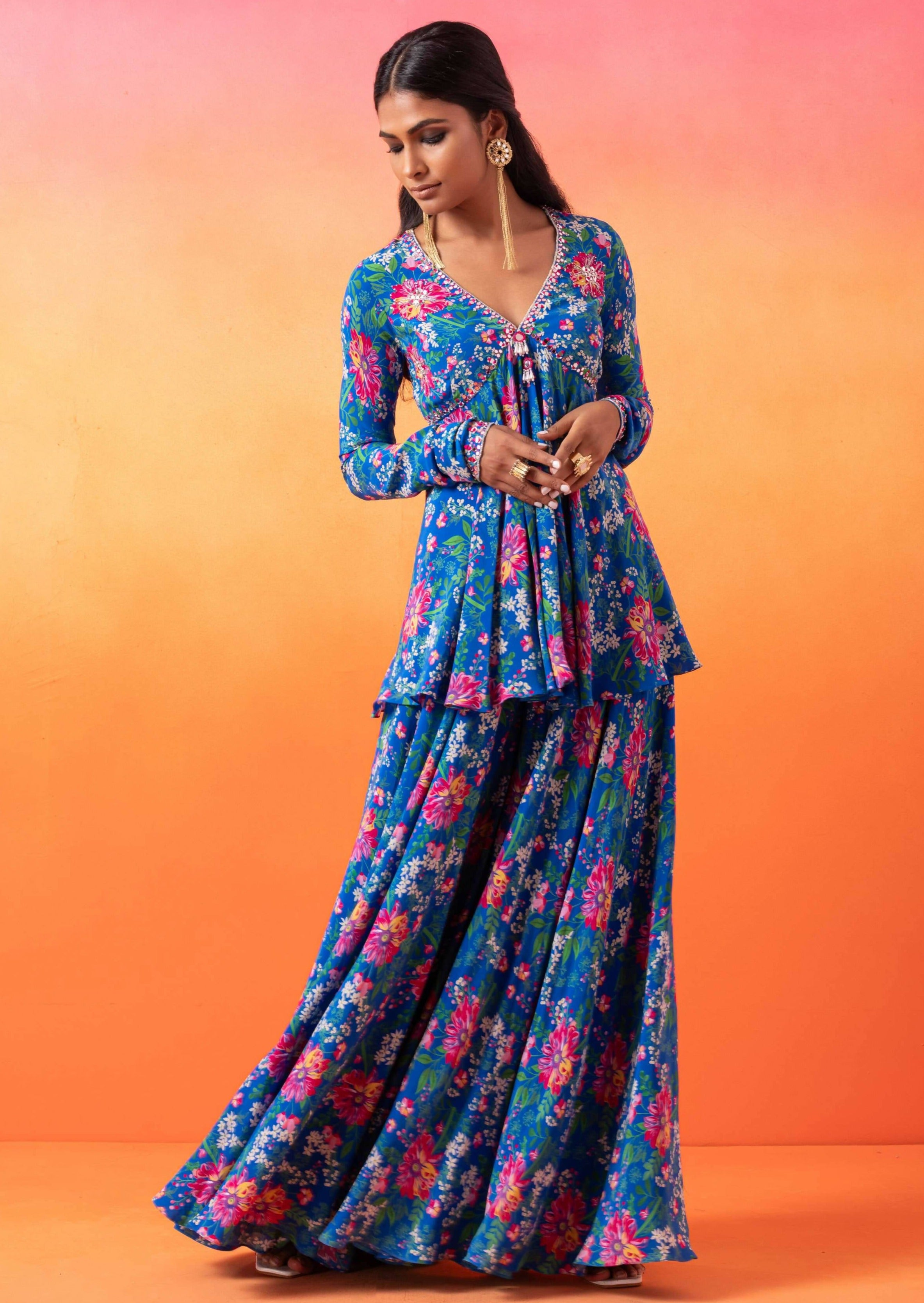 Electric Blue Floral Peplum Sharara Set
