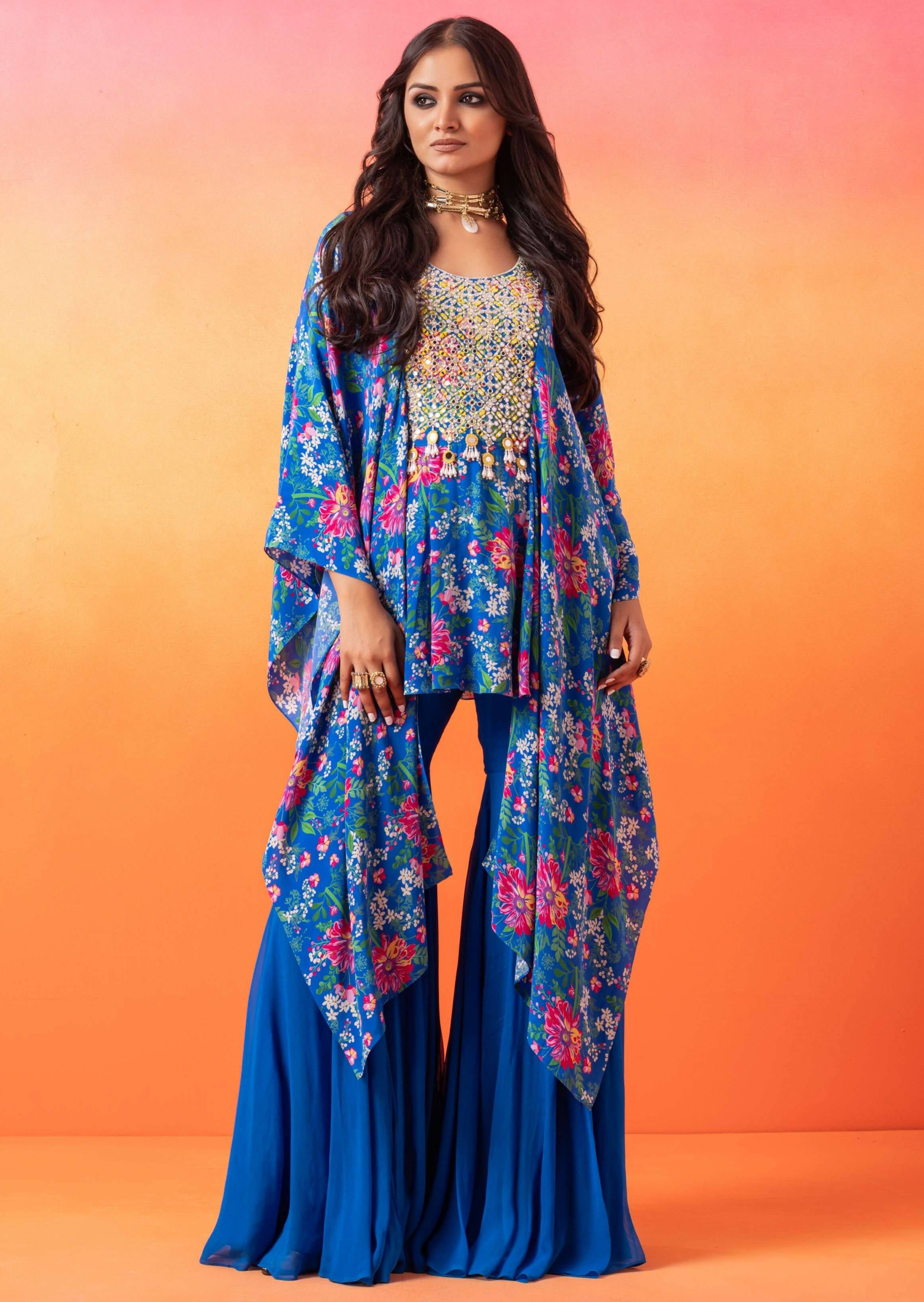 Electric Blue Floral Kaftan Top and Gharara