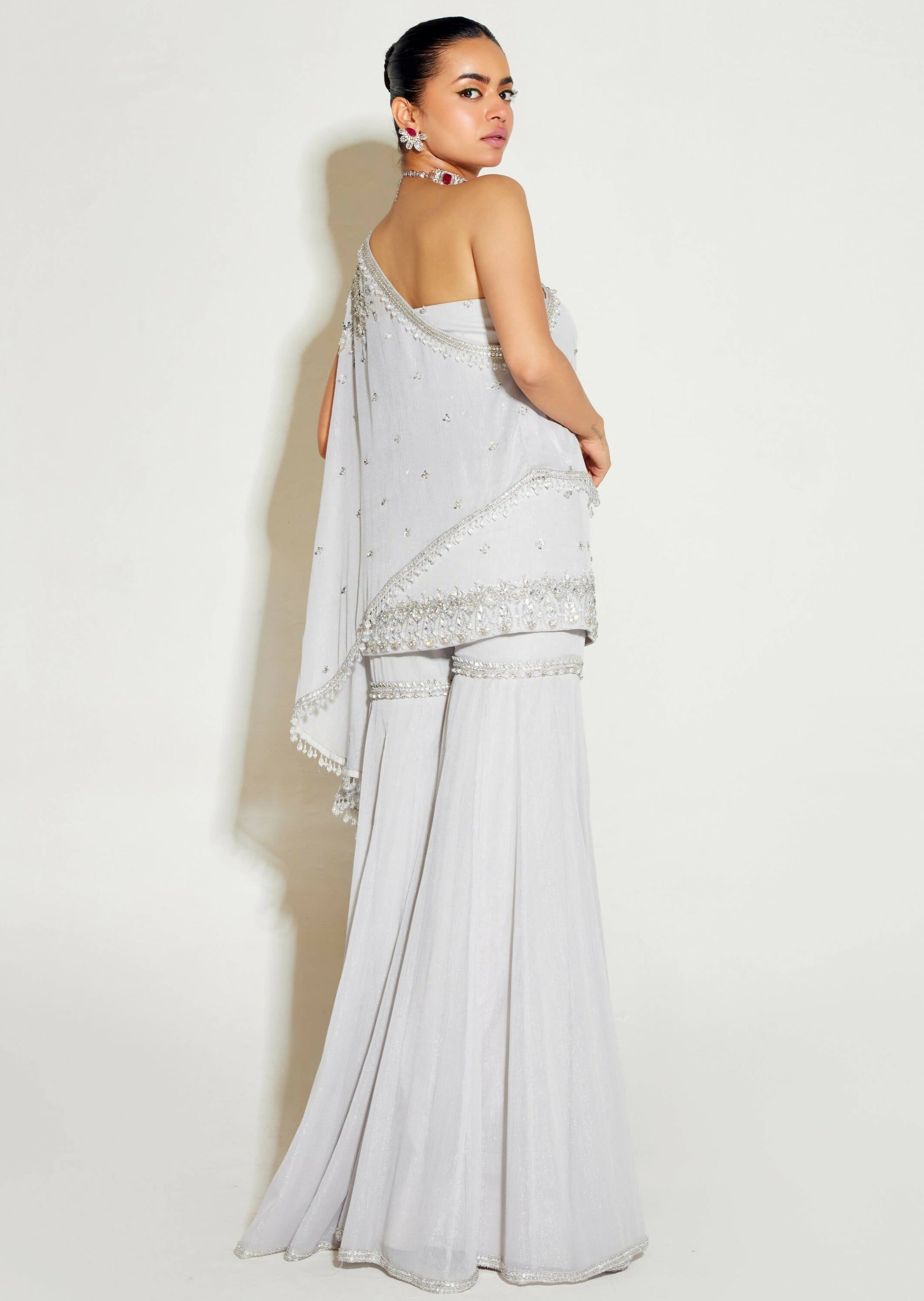Grey One-Shoulder Cape and Sharara Set