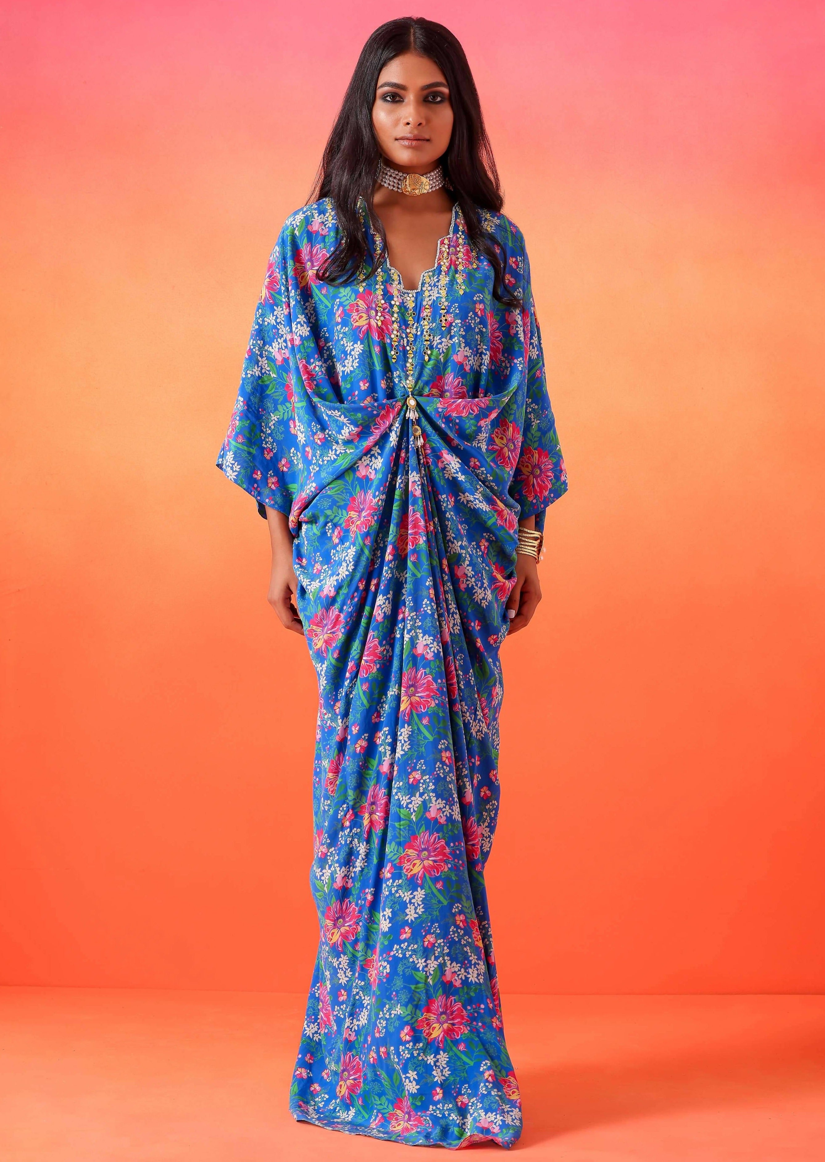 Electric Blue Floral Printed Kaftan
